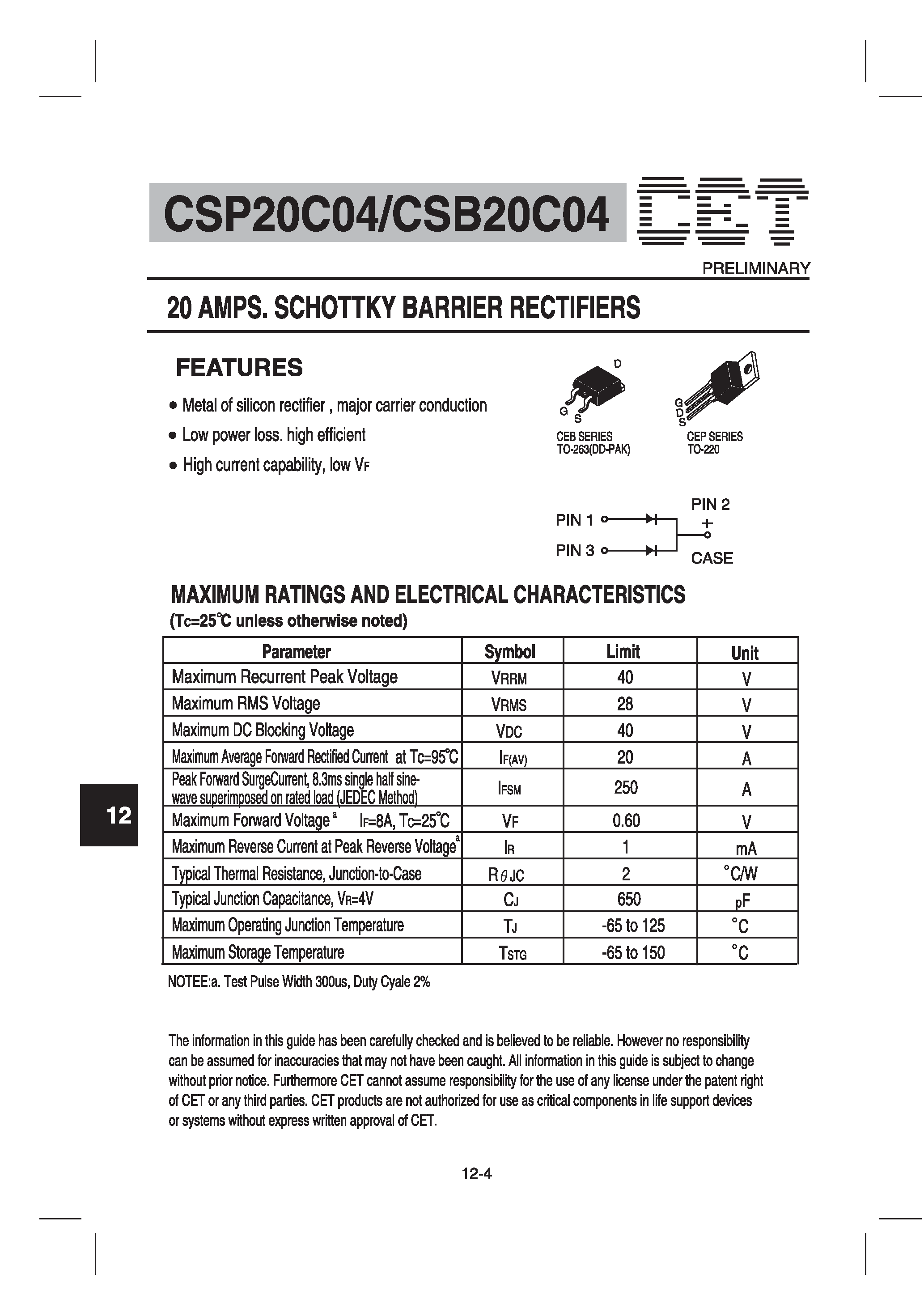 Datasheet CSP20C04 page 1 Datasheet CSP20C04 - 20 AMPS. SCHOTTKY BARRIER RECTIFIERS page 1