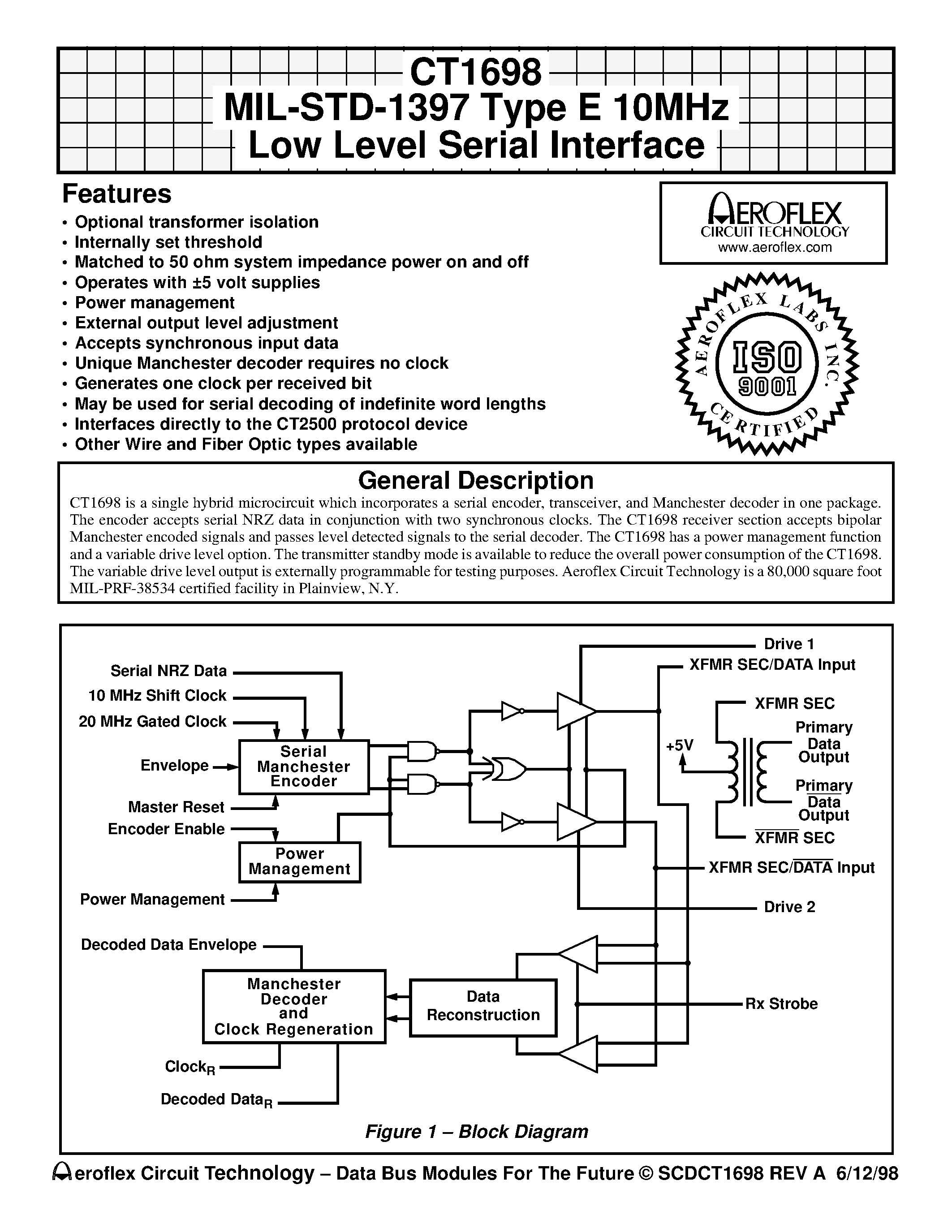 Datasheet CT1698 page 1 Datasheet CT1698 - CT1698 MIL-STD-1397 Type E 10MHz Low Level Serial Interface page 1