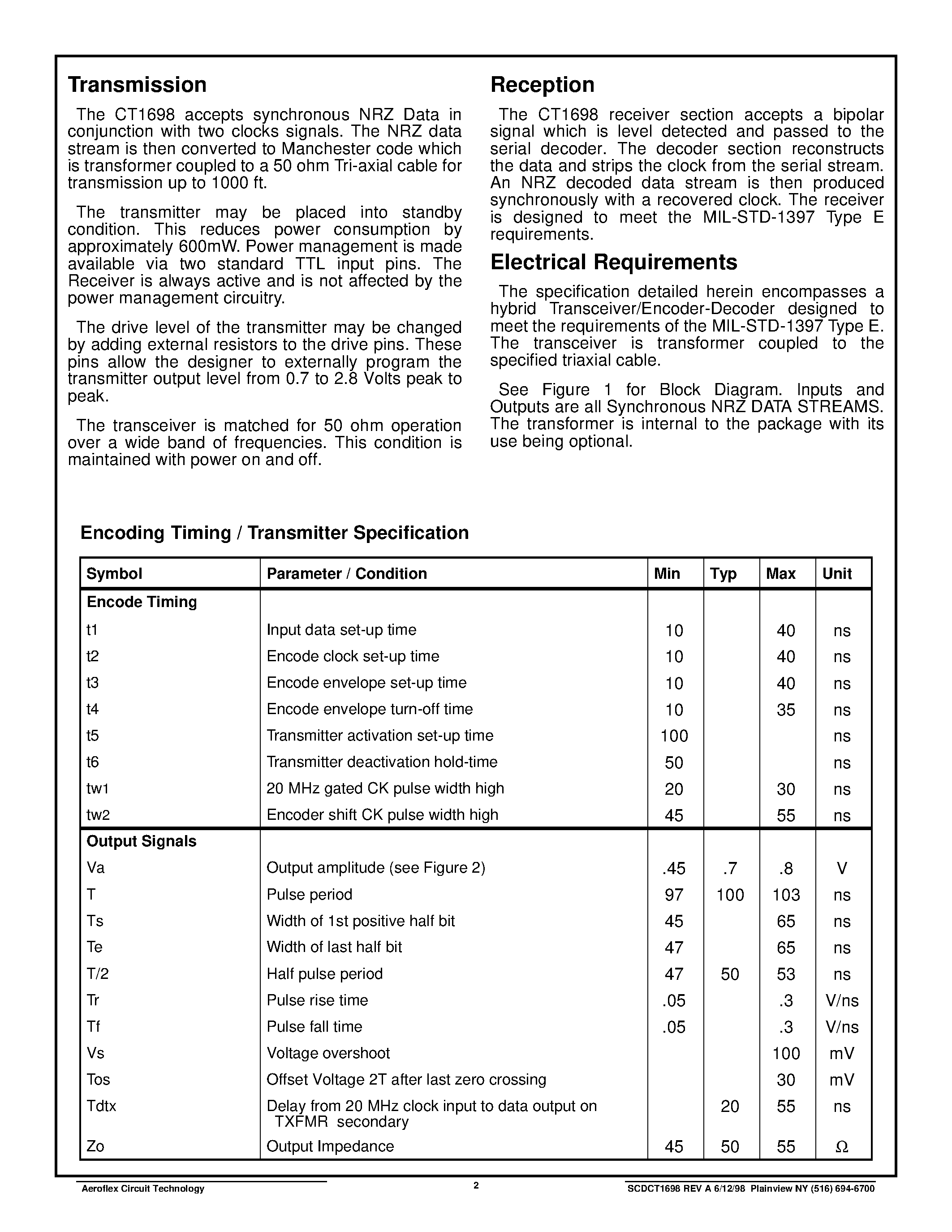 Datasheet CT1698 page 2 Datasheet CT1698 - CT1698 MIL-STD-1397 Type E 10MHz Low Level Serial Interface page 2