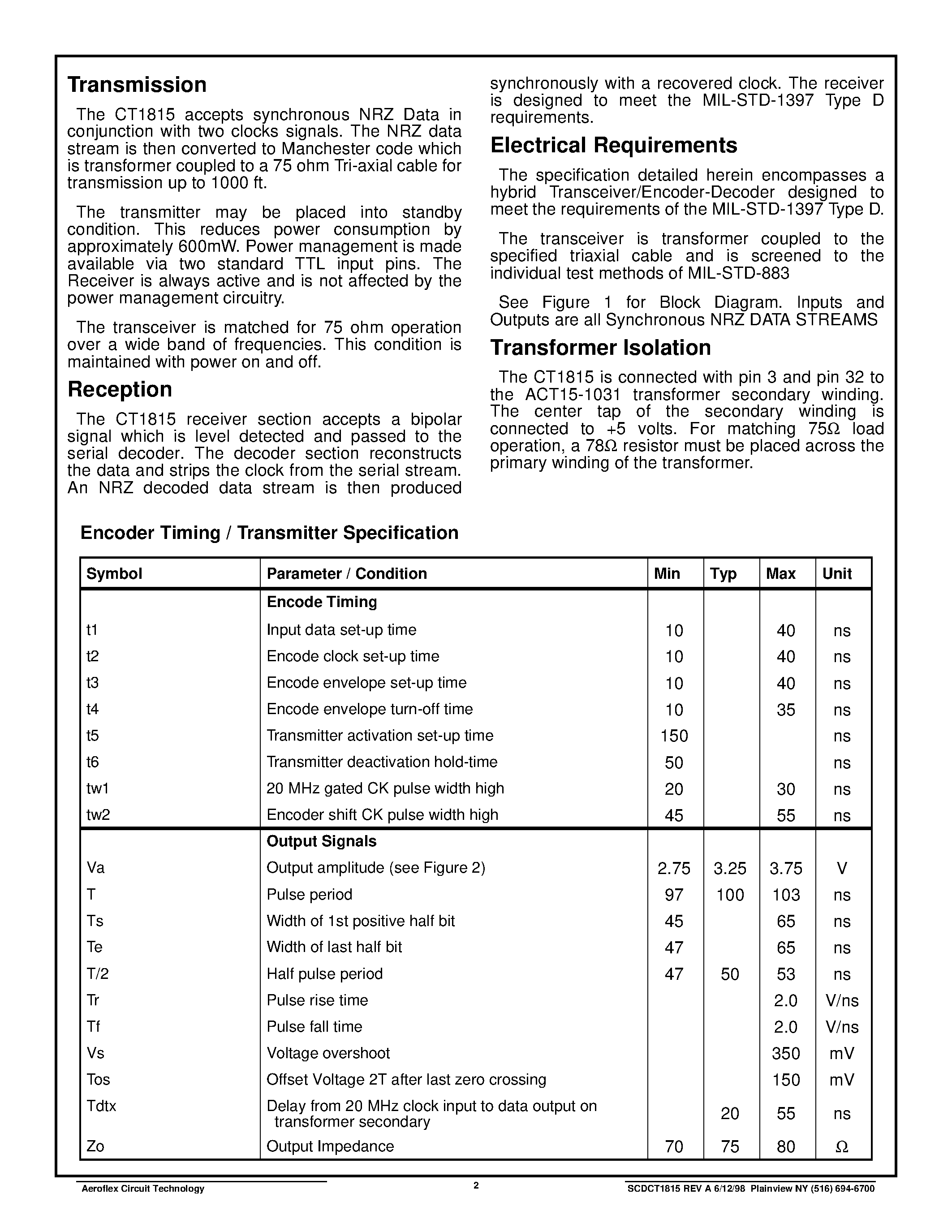 Datasheet CT1815 page 2 Datasheet CT1815 - CT1815 10MHz Low Level Serial Interface for MIL-STD-1397 Type D page 2