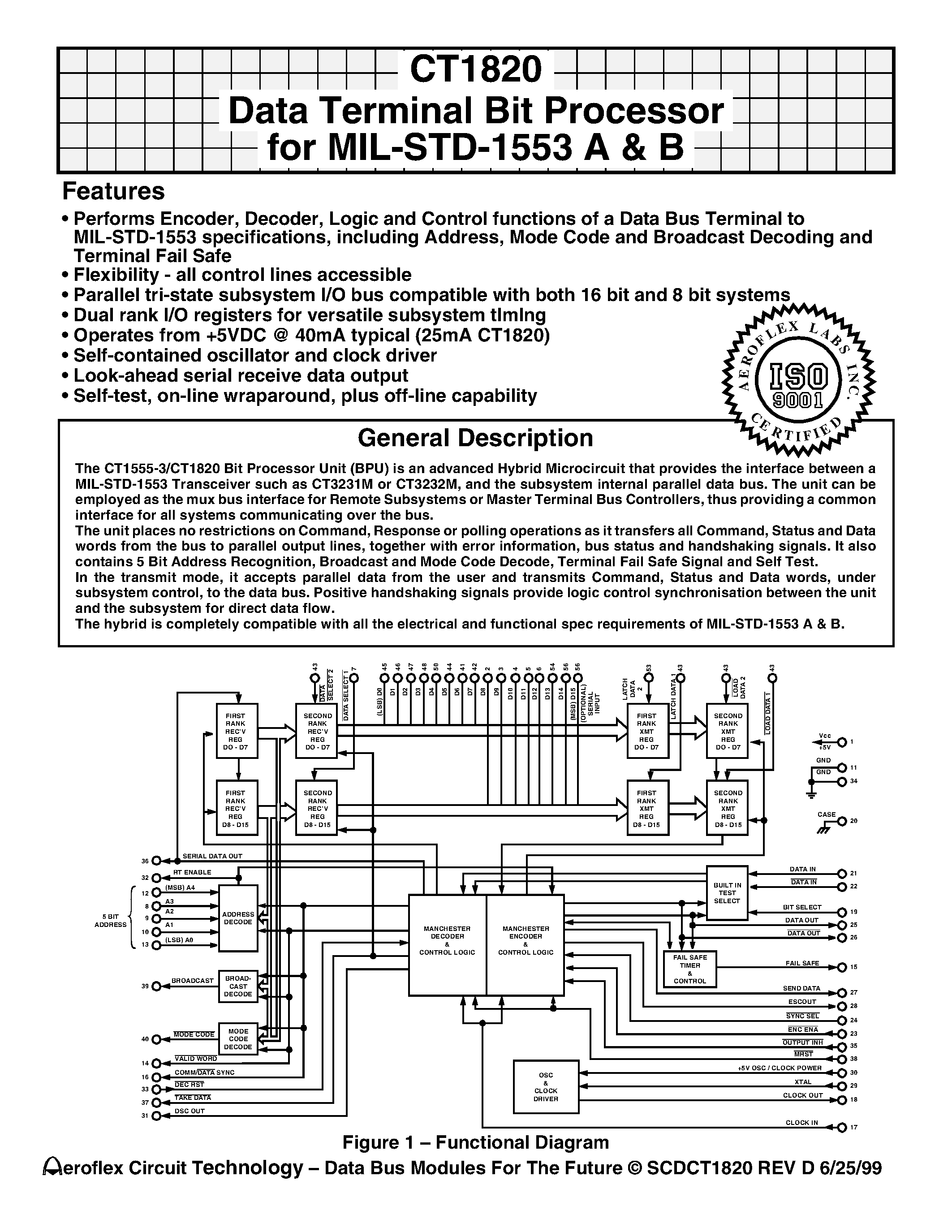 Datasheet CT1820 page 1 Datasheet CT1820 - CT1820 Data Terminal Bit Processor for MIL-STD-1553 A & B page 1