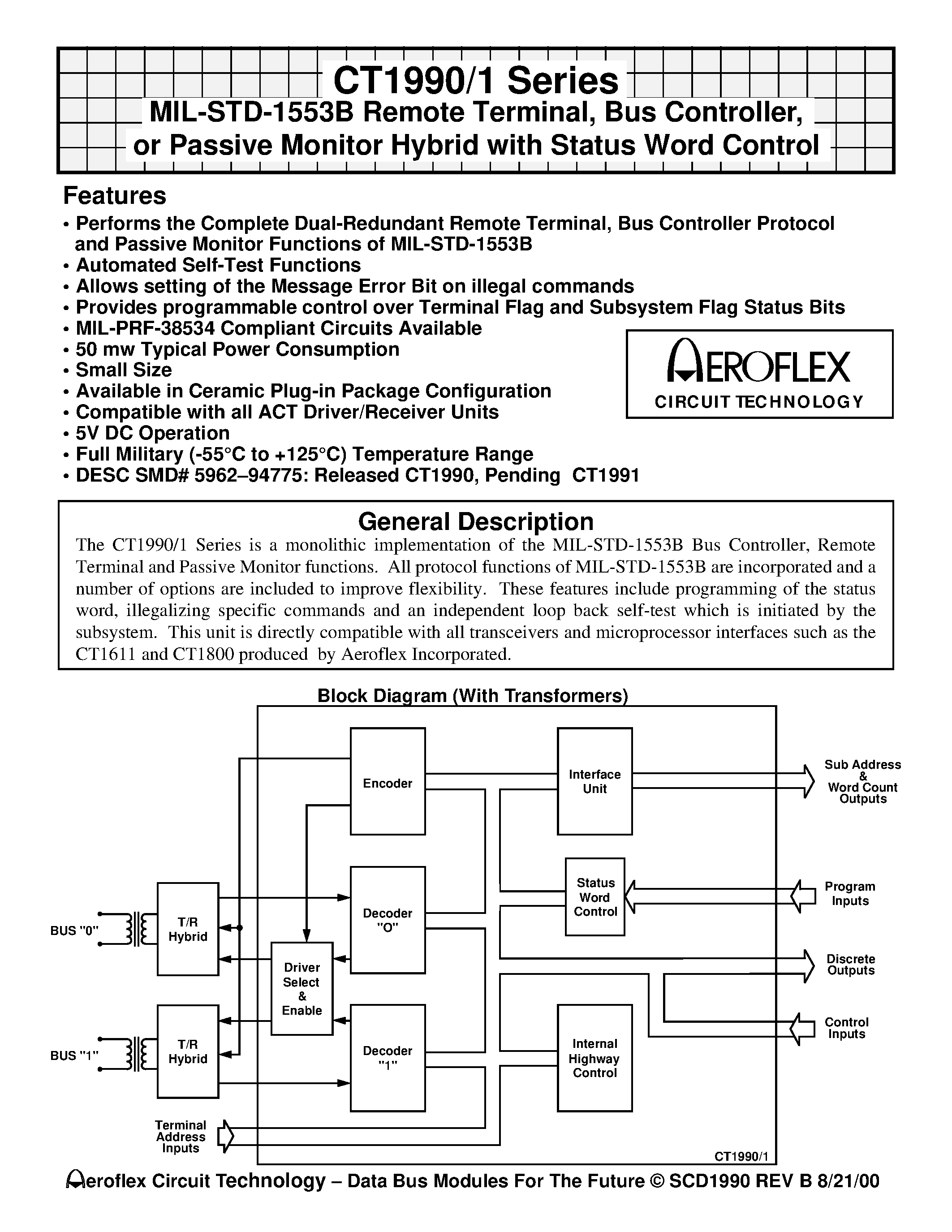 Datasheet CT1991-1-20 page 1 Datasheet CT1991-1-20 - MIL-STD-1553B Remote Terminal/ Bus Controller/ or Passive Monitor Hybrid with Status Word Control page 1