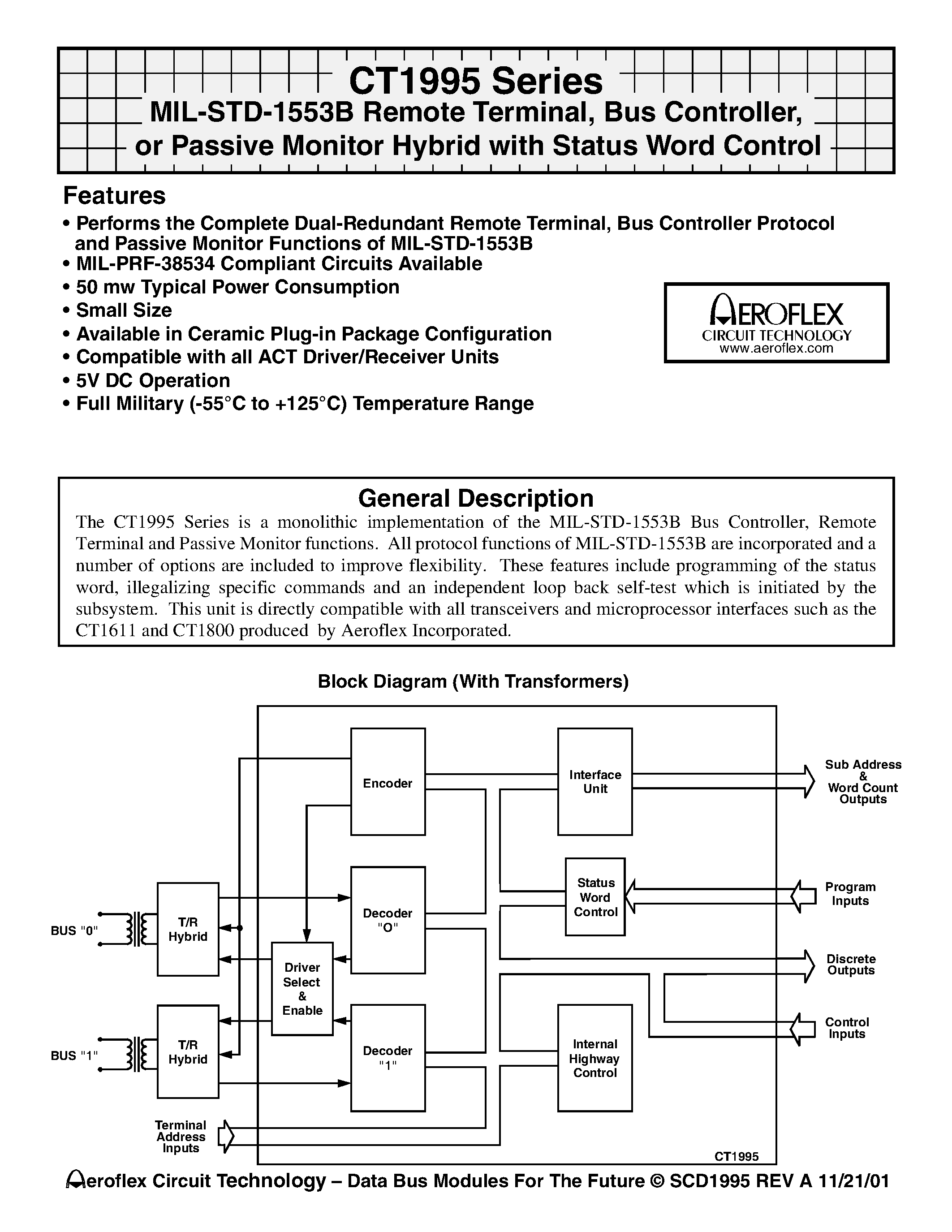 Datasheet CT1995-20 page 1 Datasheet CT1995-20 - MIL-STD-1553B Remote Terminal/ Bus Controller/ or Passive Monitor Hybrid with Status Word Control page 1