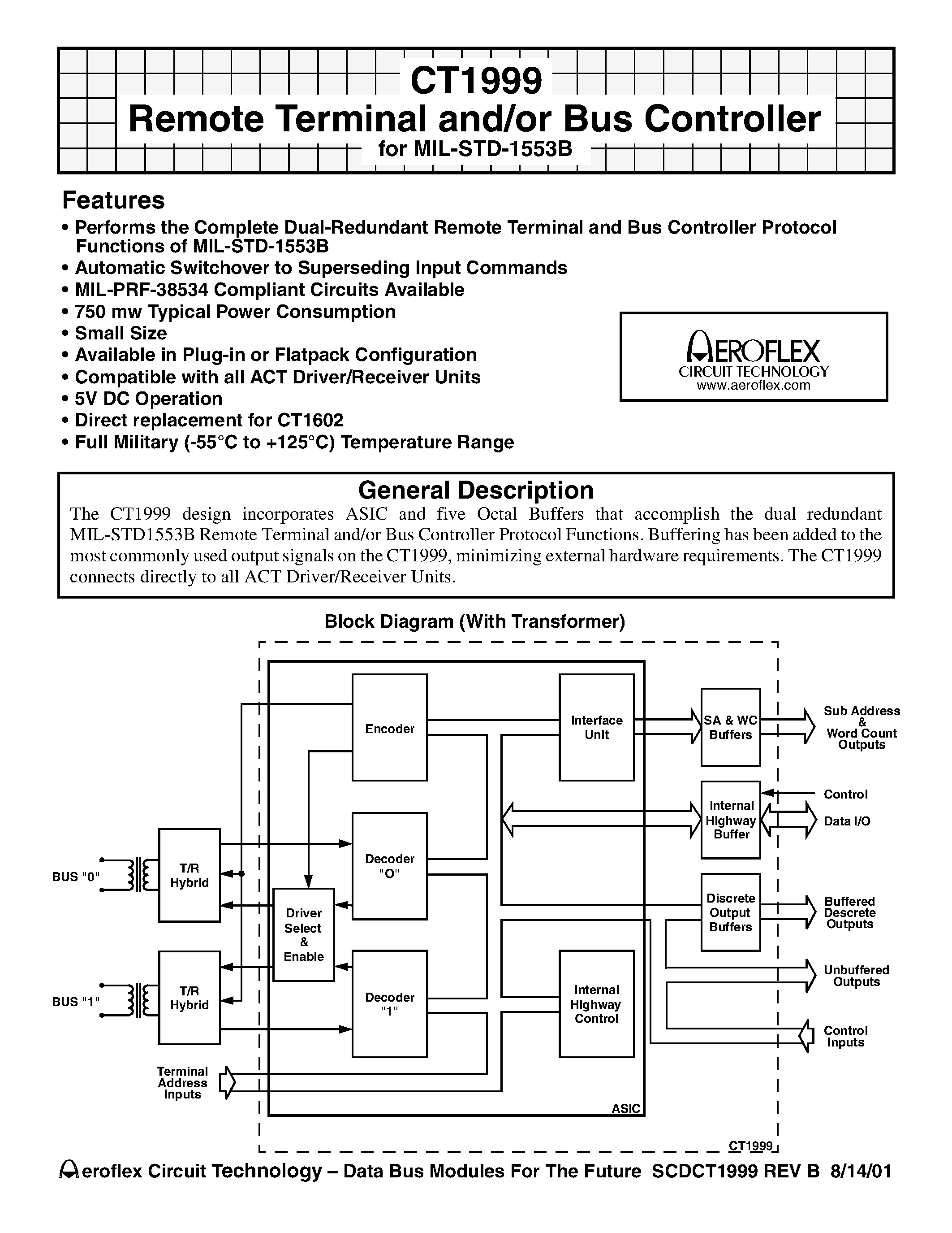 Datasheet CT1999 page 1 Datasheet CT1999 - CT1999 Remote Terminal and/or Bus Controller for MIL-STD-1553B page 1