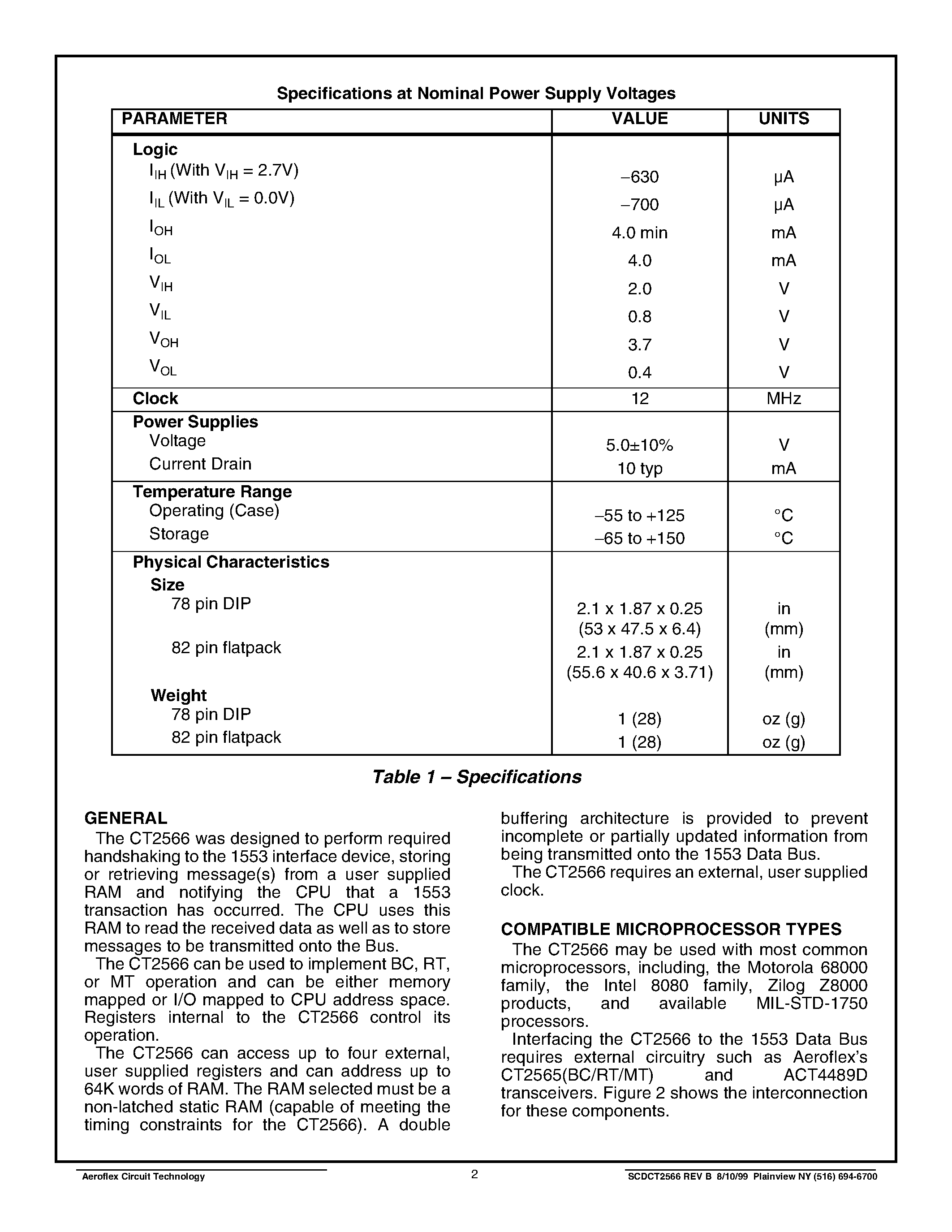 Datasheet CT2566 page 2 Datasheet CT2566 - CT2566 MIL-STD-1553 to Microprocessor Interface Unit page 2