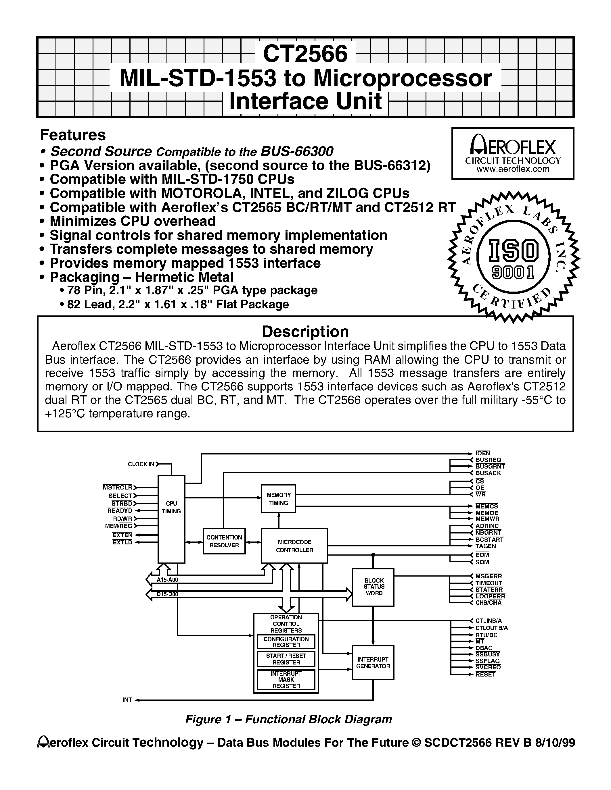 Datasheet CT2566-FP page 1 Datasheet CT2566-FP - CT2566 MIL-STD-1553 to Microprocessor Interface Unit page 1