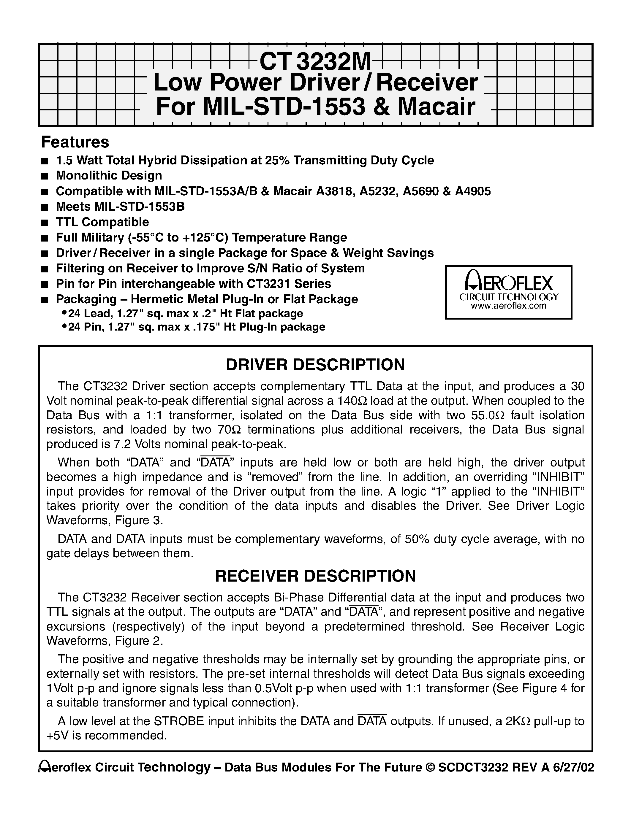 Datasheet CT3232 - Low Power Driver /Receiver For MIL-STD-1553 & Macair page 1