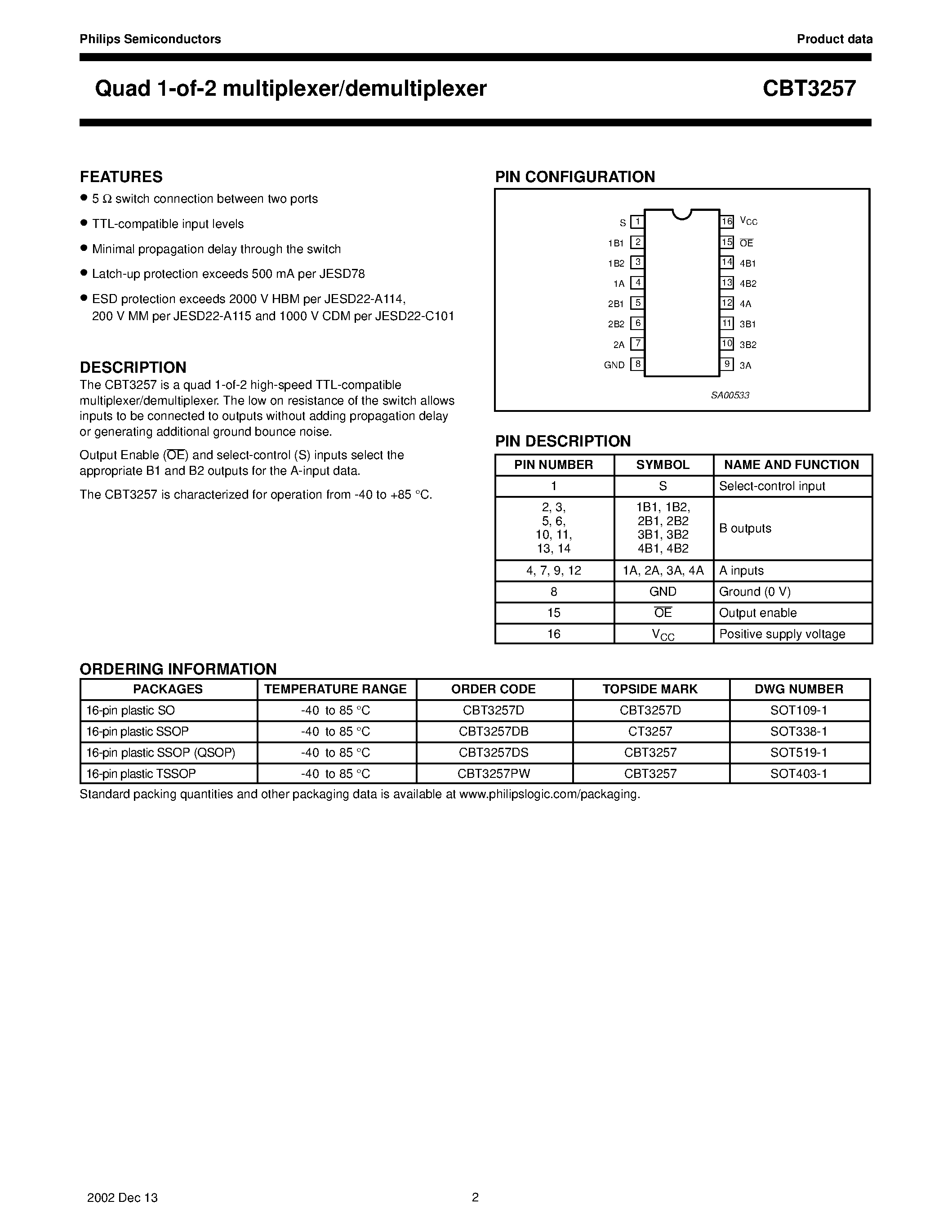 Даташит на микросхему CT3257 страница 2 Даташит CT3257 - Quad 1-of-2 multiplexer/demultiplexer страница 2