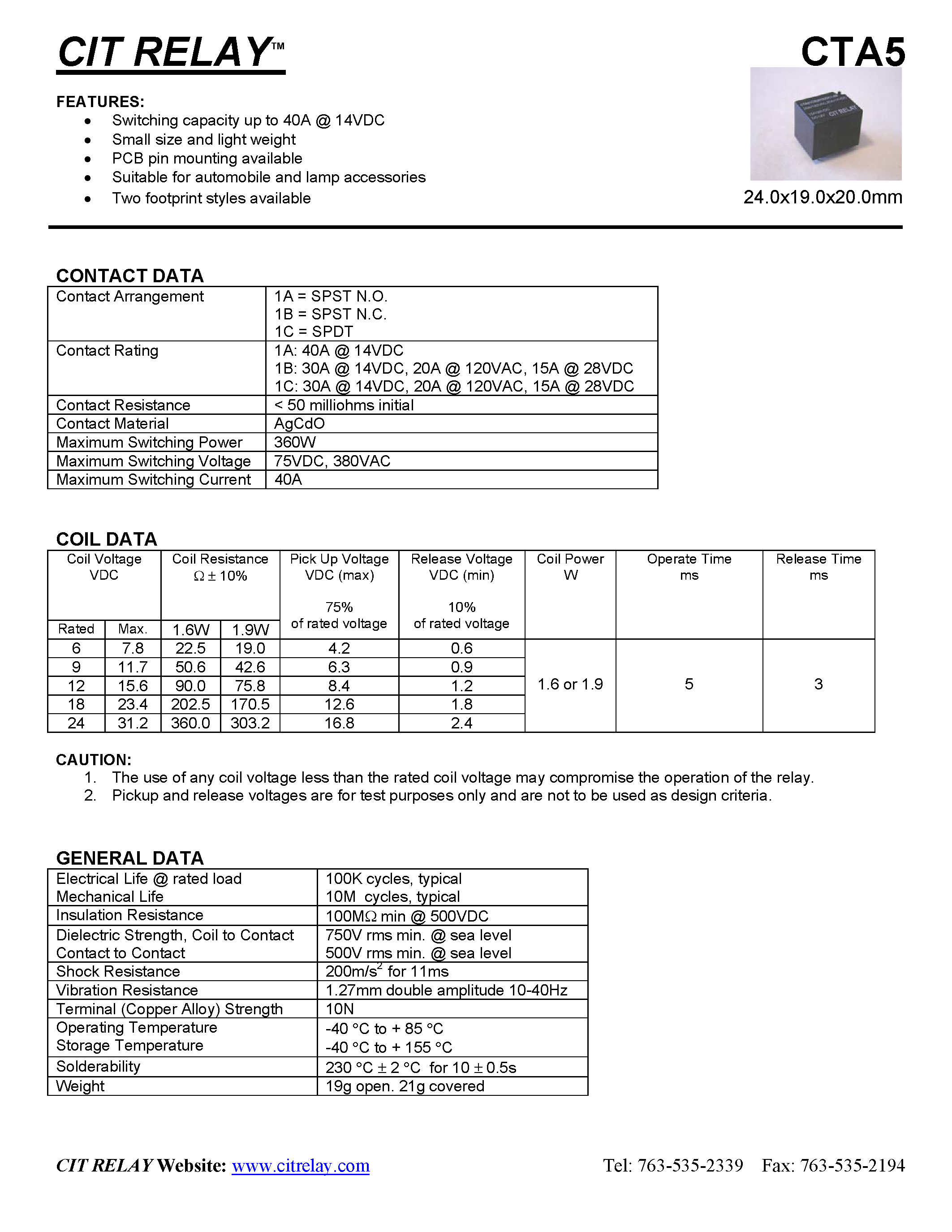 Даташит CTA51CO156VDC1.9S - CIT RELAY страница 1