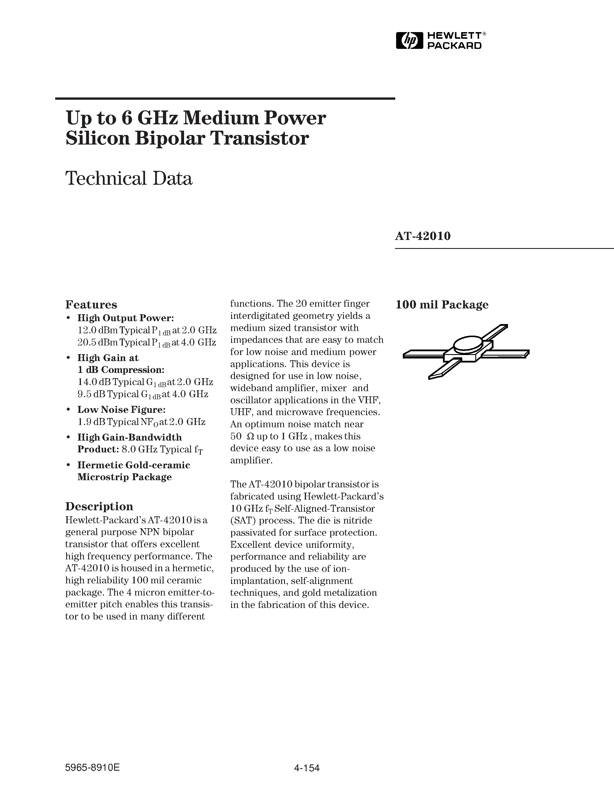 Datasheet AT-42010 - Up to 6 GHz Medium Power Silicon Bipolar Transistor page 1