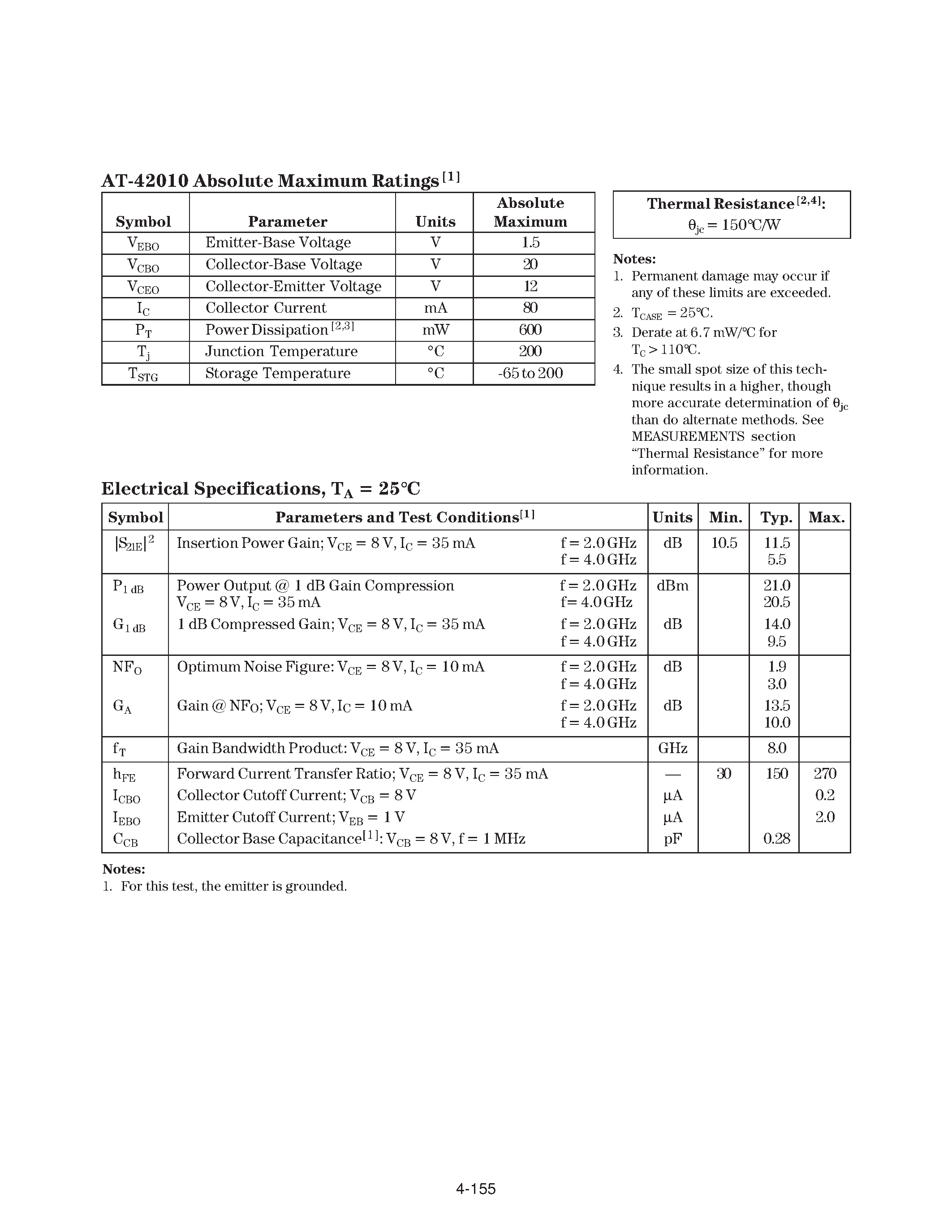 Datasheet AT-42010 - Up to 6 GHz Medium Power Silicon Bipolar Transistor page 2