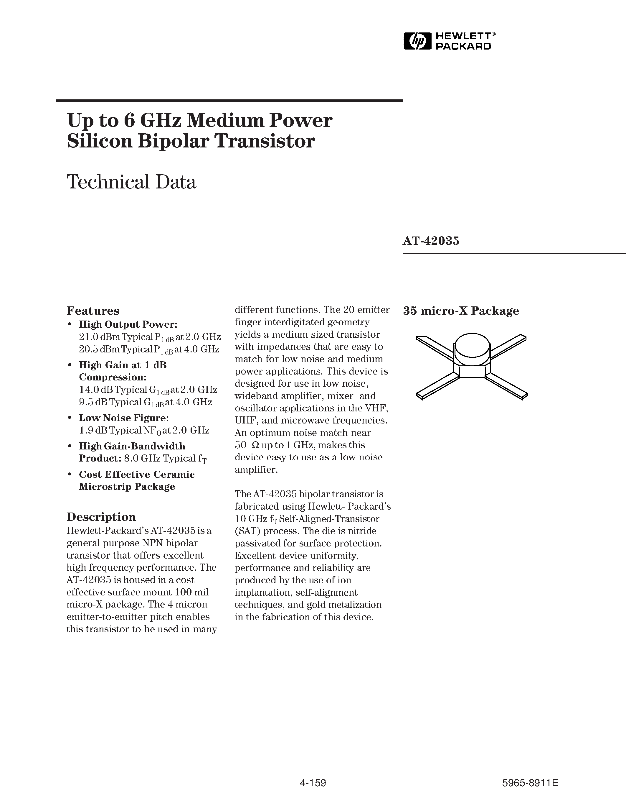 Datasheet AT-42035 - Up to 6 GHz Medium Power Silicon Bipolar Transistor page 1