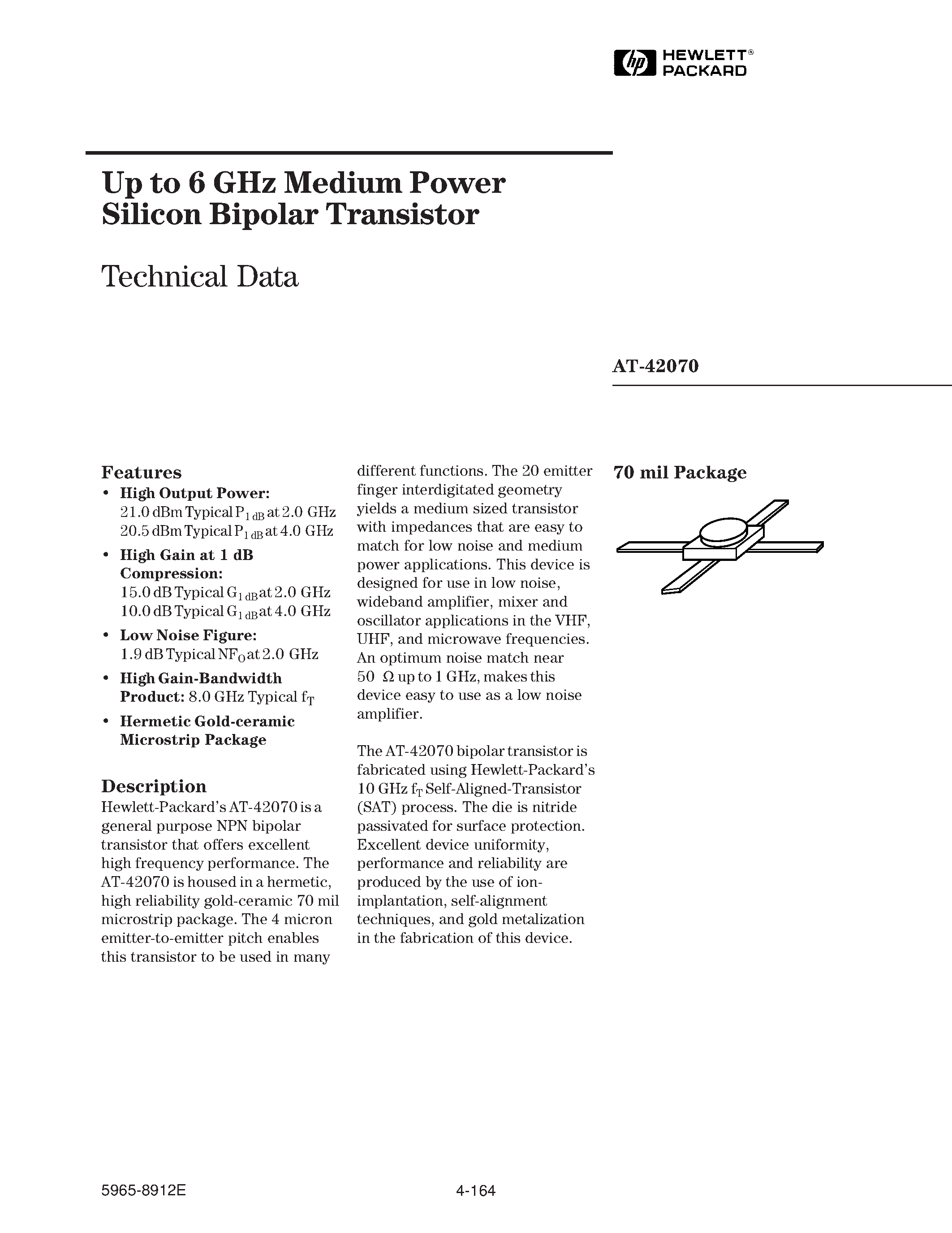 Datasheet AT-42070 - Up to 6 GHz Medium Power Silicon Bipolar Transistor page 1