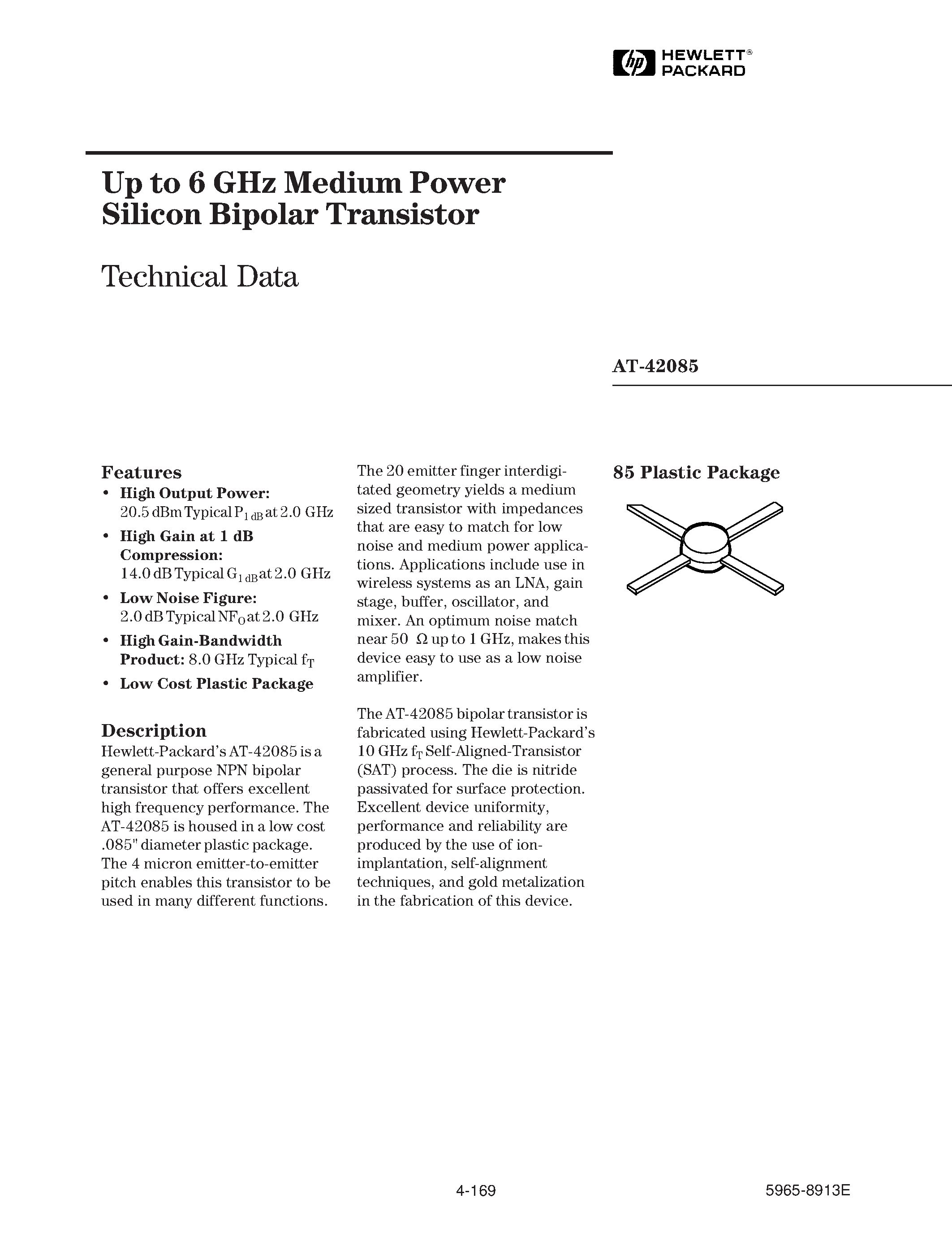 Datasheet AT-42085 - Up to 6 GHz Medium Power Up to 6 GHz Medium Power page 1