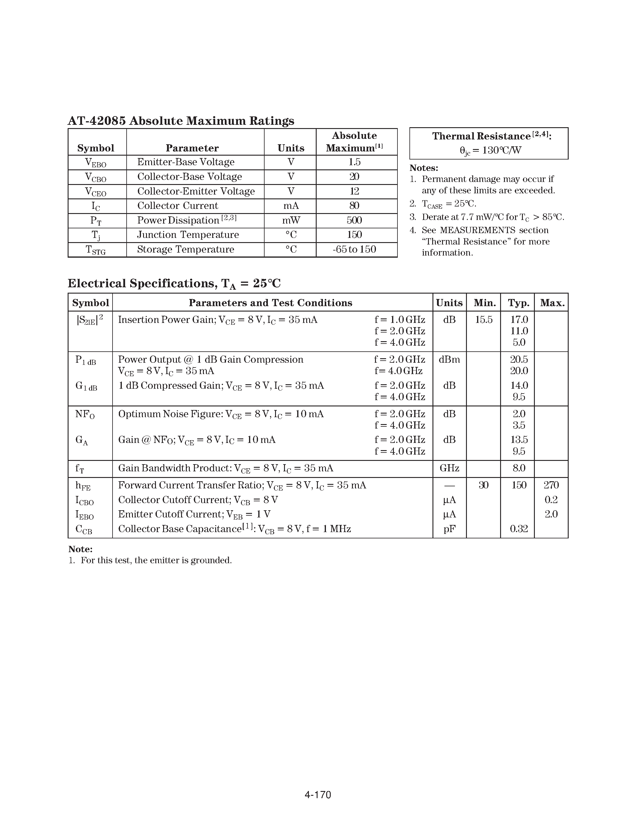 Datasheet AT-42085 - Up to 6 GHz Medium Power Up to 6 GHz Medium Power page 2