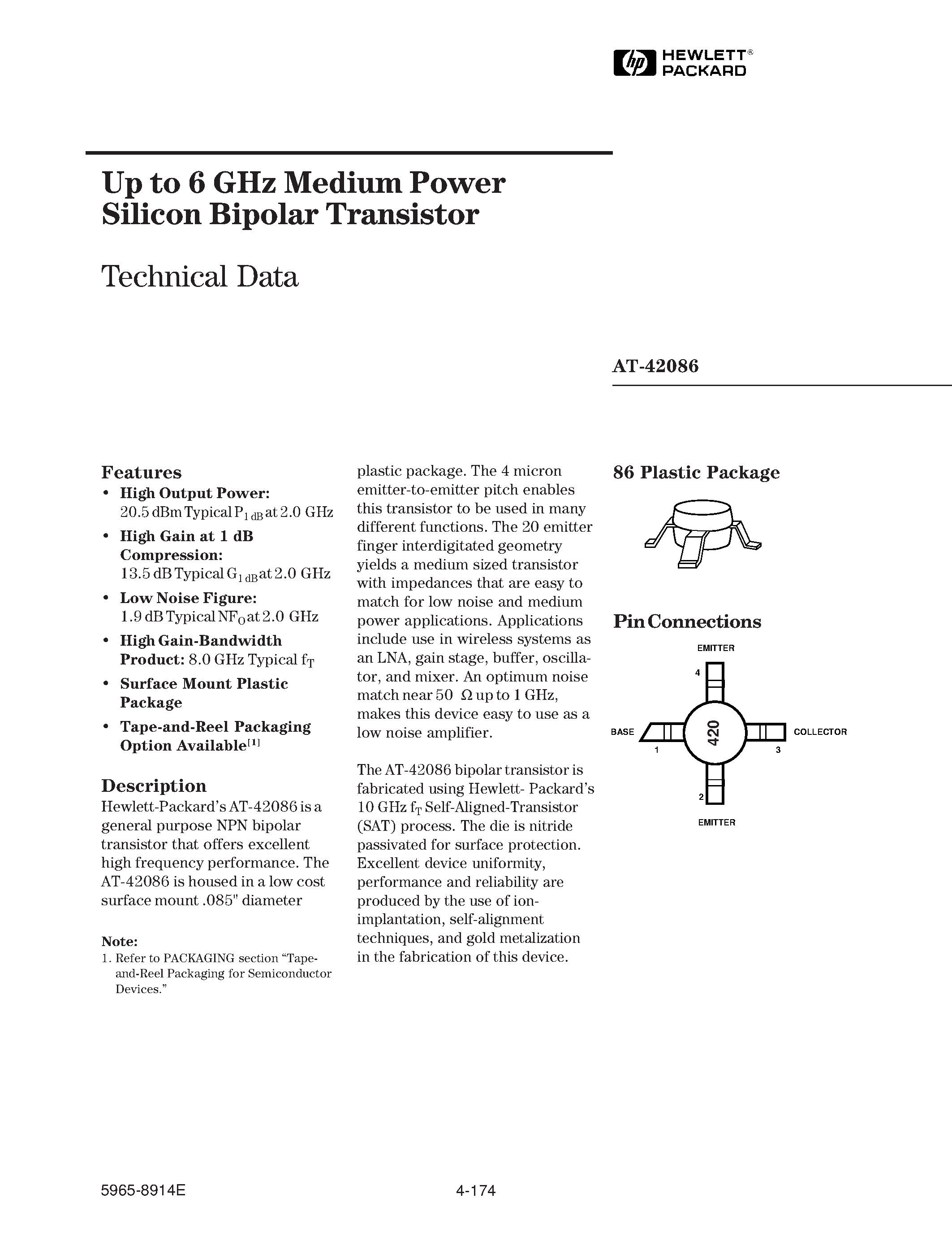 Datasheet AT-42086 - Up to 6 GHz Medium Power Silicon Bipolar Transistor page 1