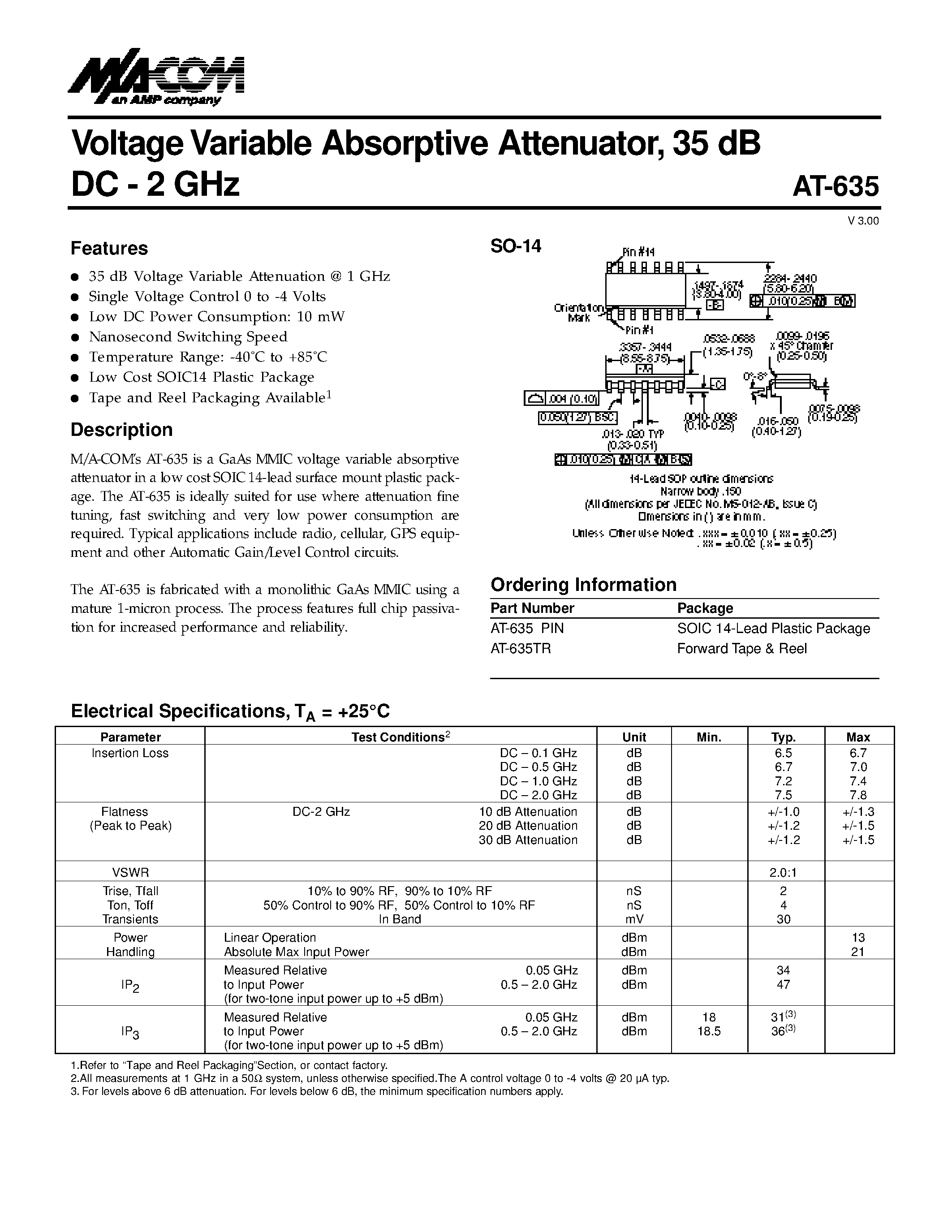 Даташит AT-635TR - Vo l t age Va r i a ble Absorptive Attenu a t o r/ 35 dB DC - 2 GHz страница 1