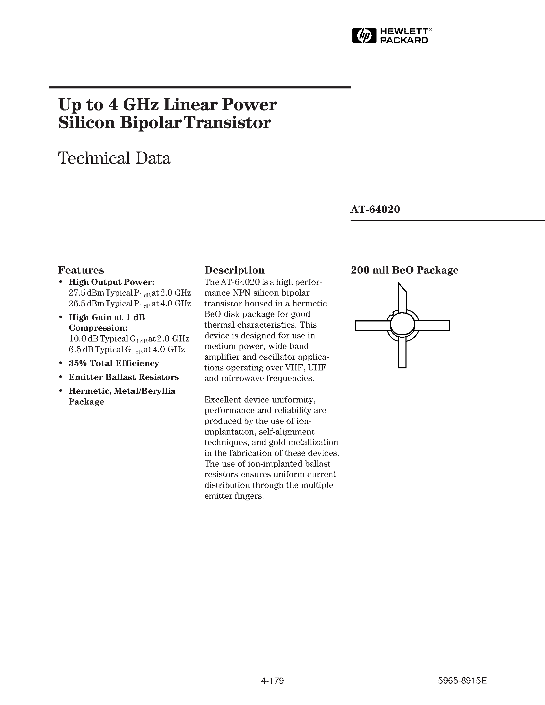Datasheet AT-64020 - Up to 4 GHz Linear Power Silicon Bipolar Transistor page 1