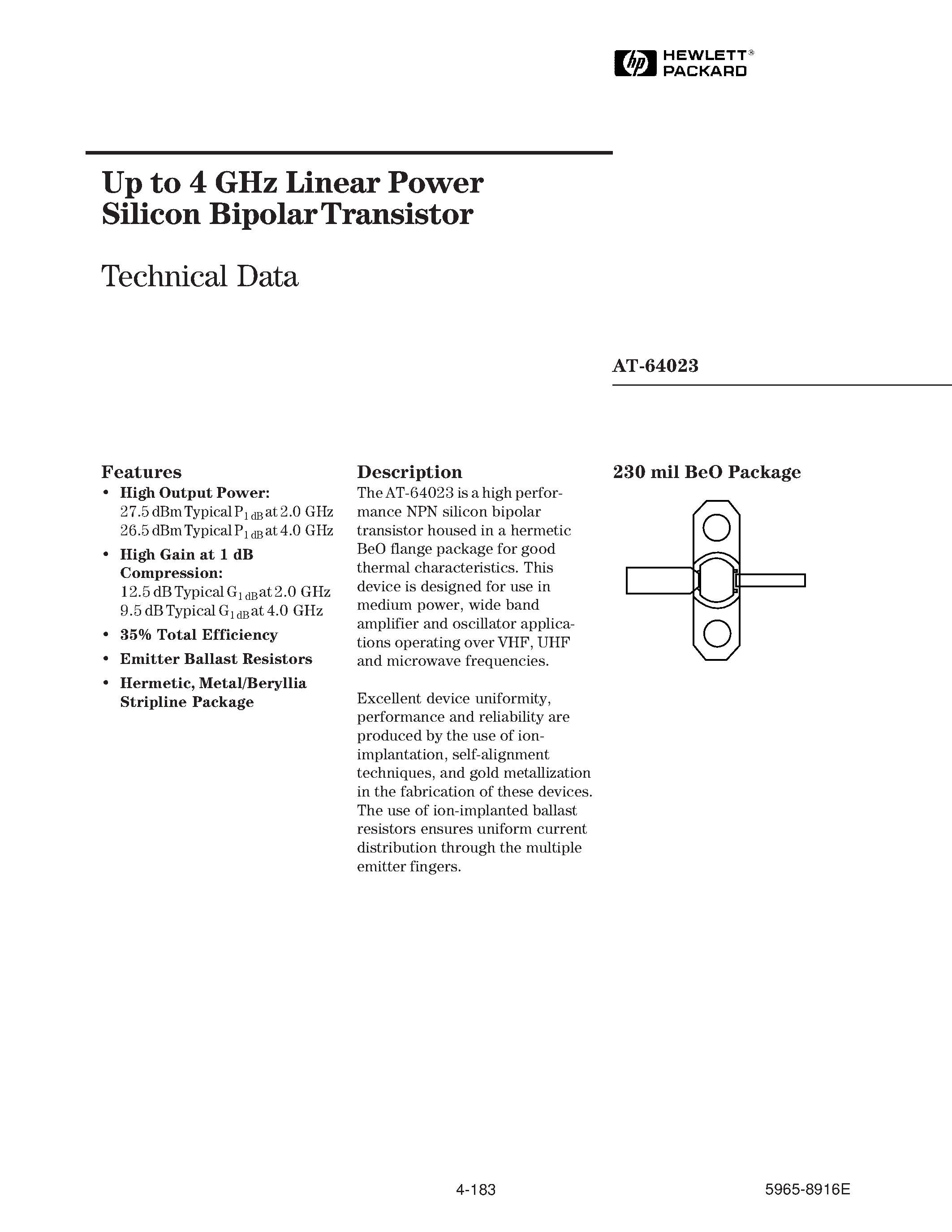 Datasheet AT-64023 - Up to 4 GHz Linear Power Silicon Bipolar Transistor page 1