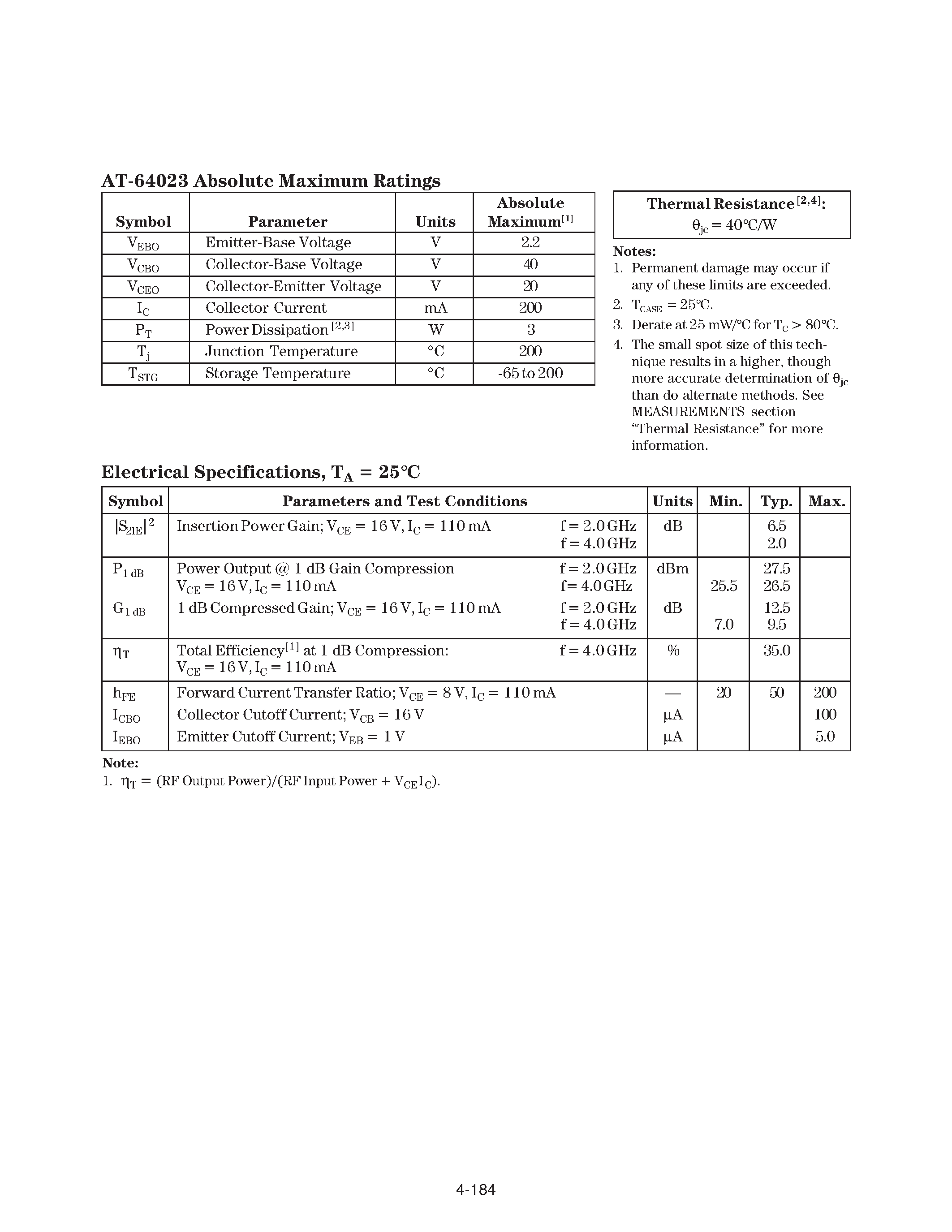 Datasheet AT-64023 - Up to 4 GHz Linear Power Silicon Bipolar Transistor page 2