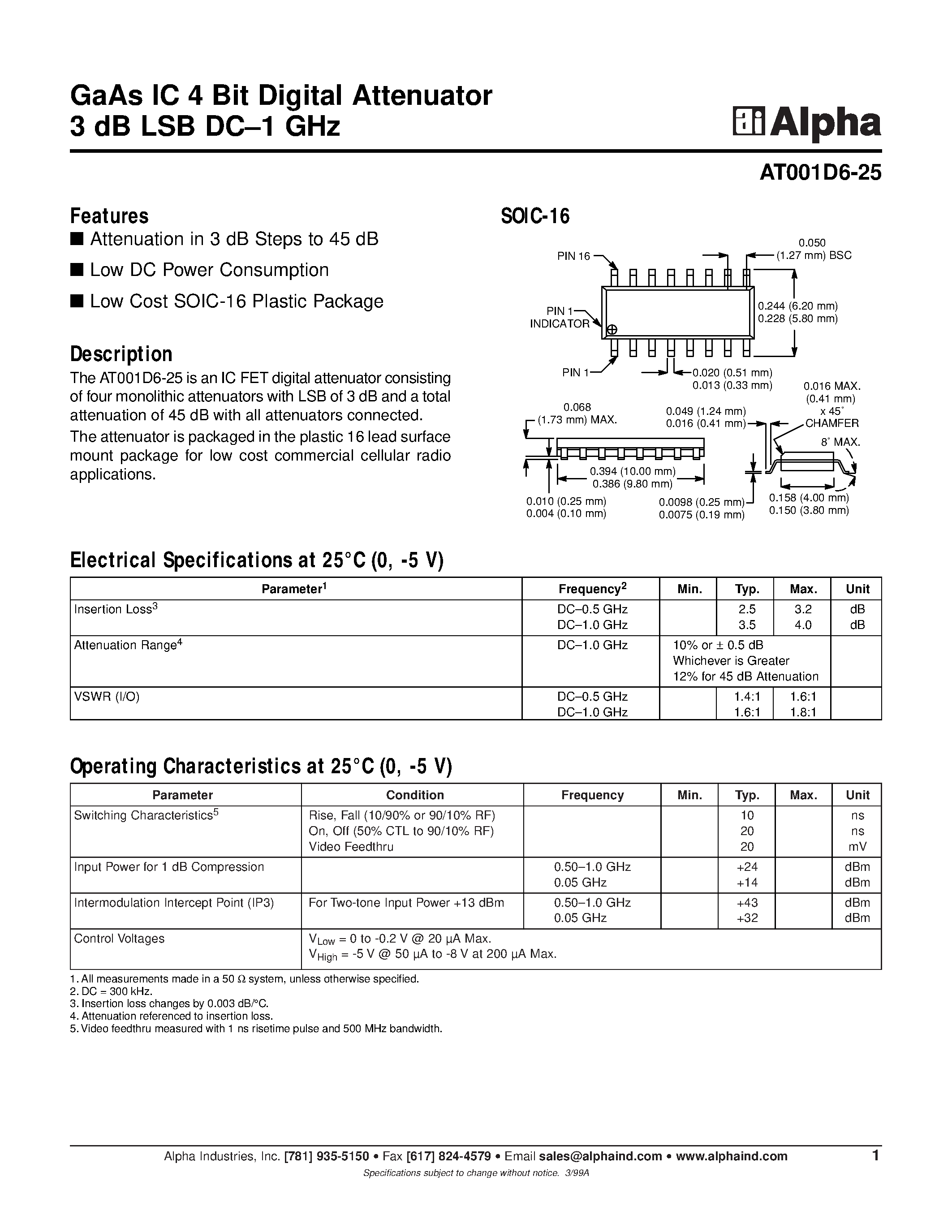 Datasheet AT001D6-25 - GaAs IC 4 Bit Digital Attenuator 3 dB LSB DC-1 GHz page 1