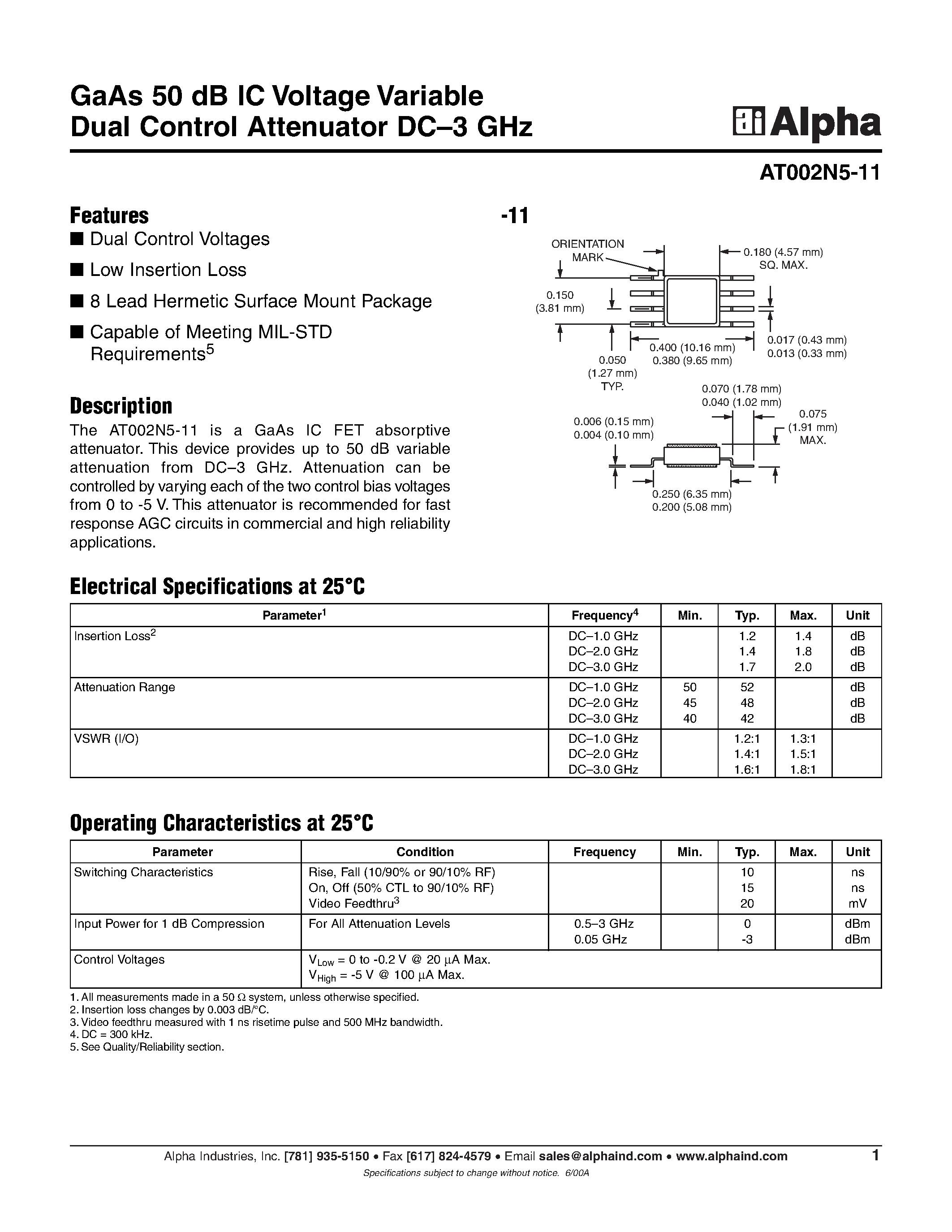 Datasheet AT002N5-11 - GaAs MMIC Control FET in SOT 143 DC-2.5 GHz page 1