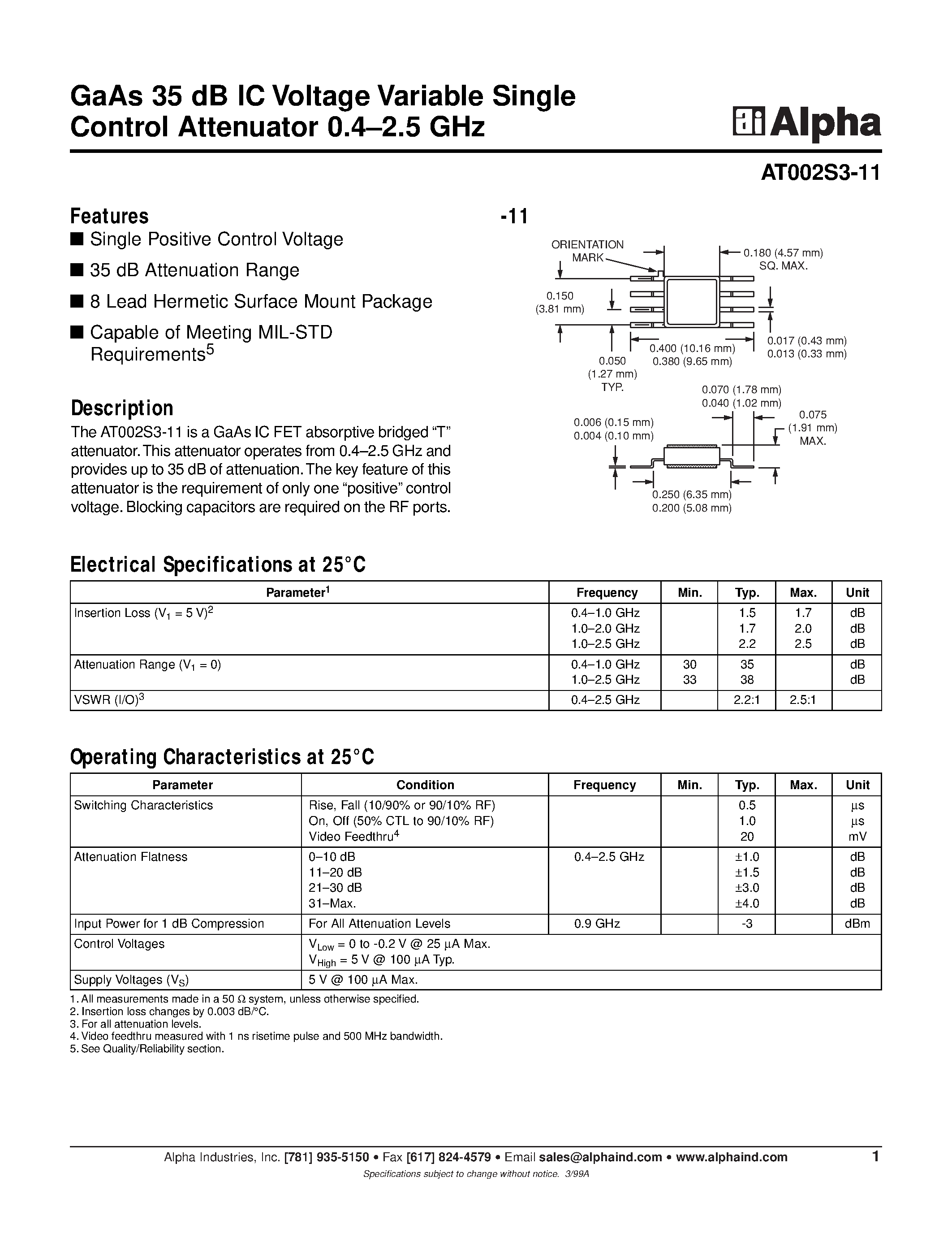 Datasheet AT002S3-11 - GaAs MMIC Control FET in SOT 143 DC-2.5 GHz page 1