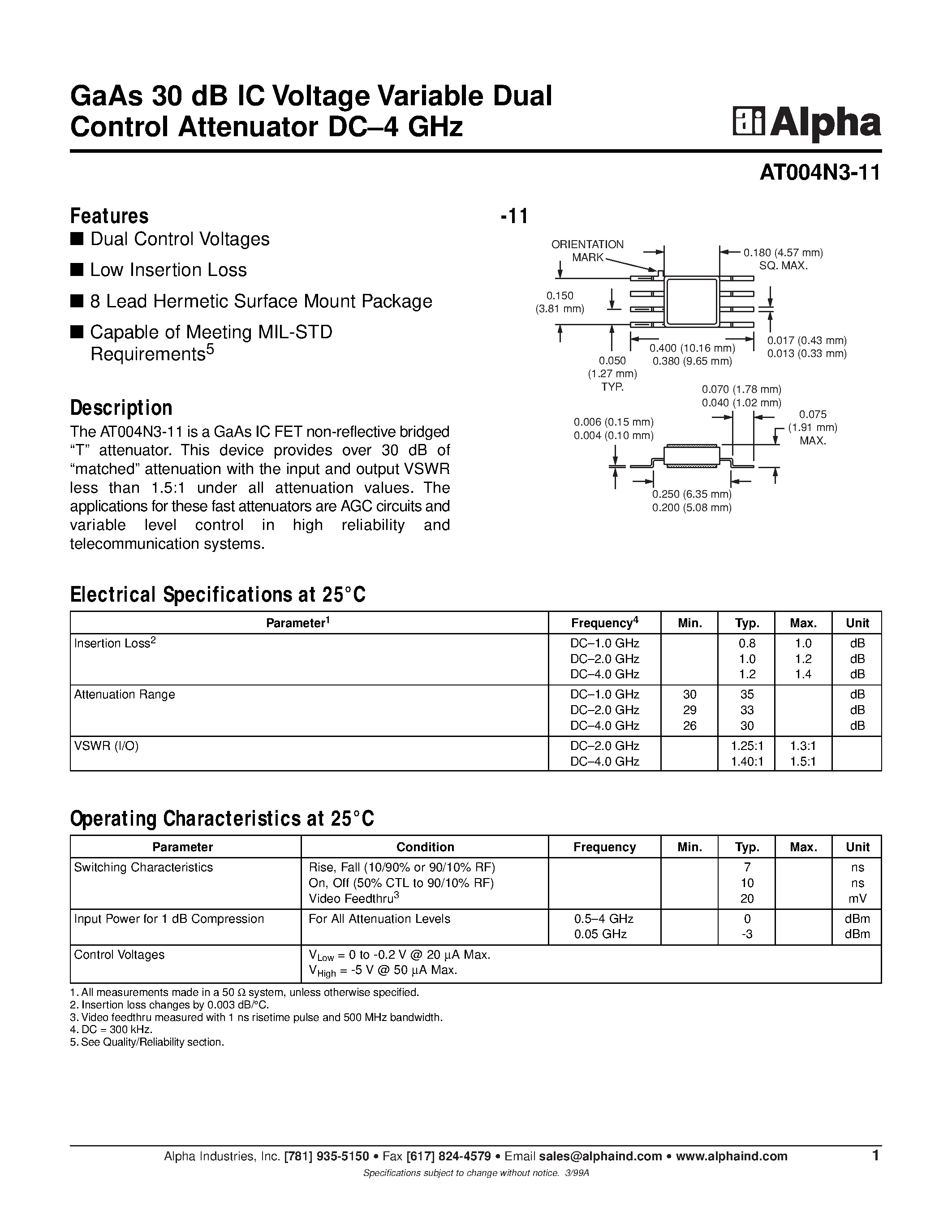 Datasheet AT004N3-11 - GaAs 30 dB IC Voltage Variable Dual Control Attenuator DC-4 GHz page 1