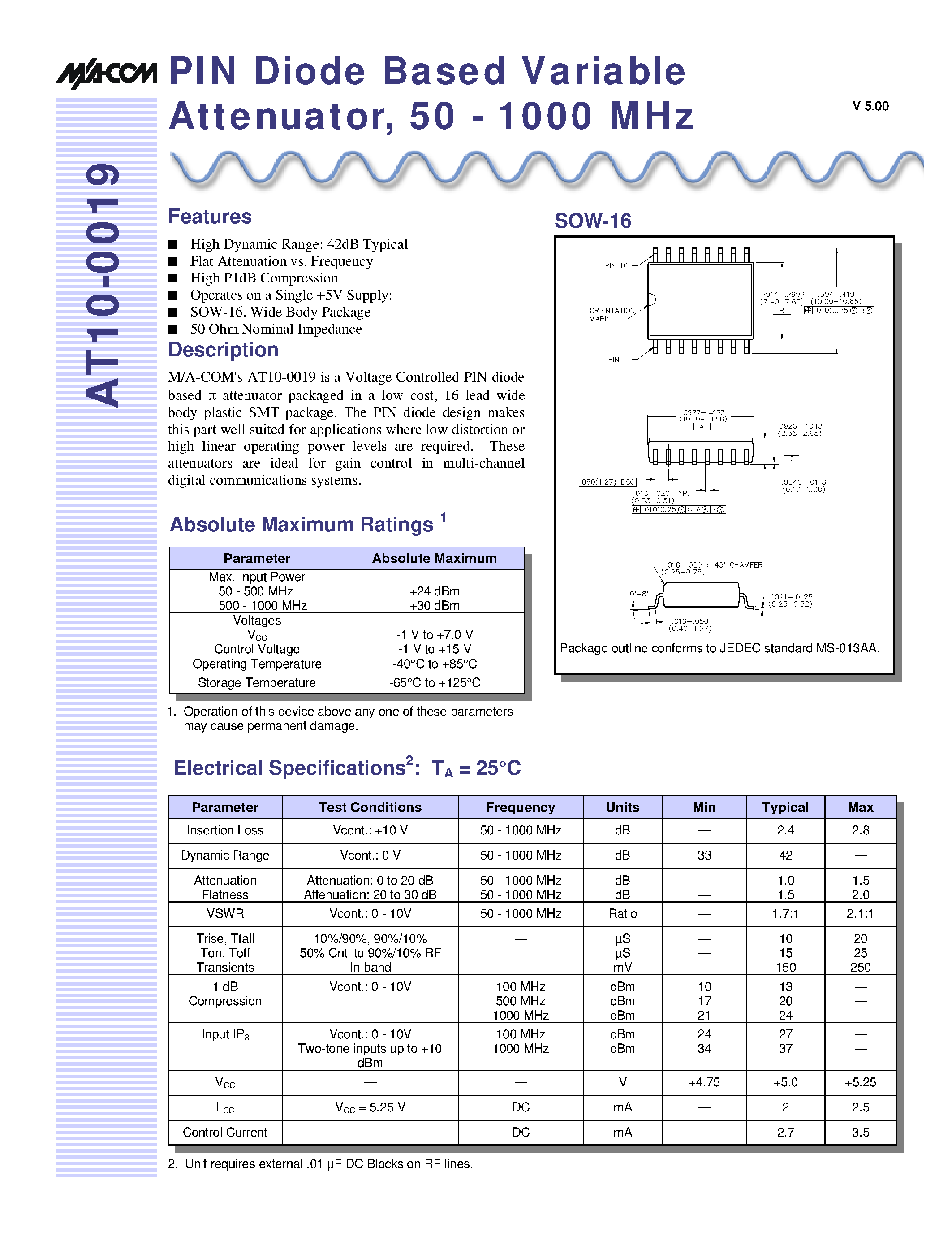 Datasheet AT10-0019-TB page 1 Datasheet AT10-0019-TB - PIN Diode Based Variable Attenuator/ 50 - 1000 MHz page 1