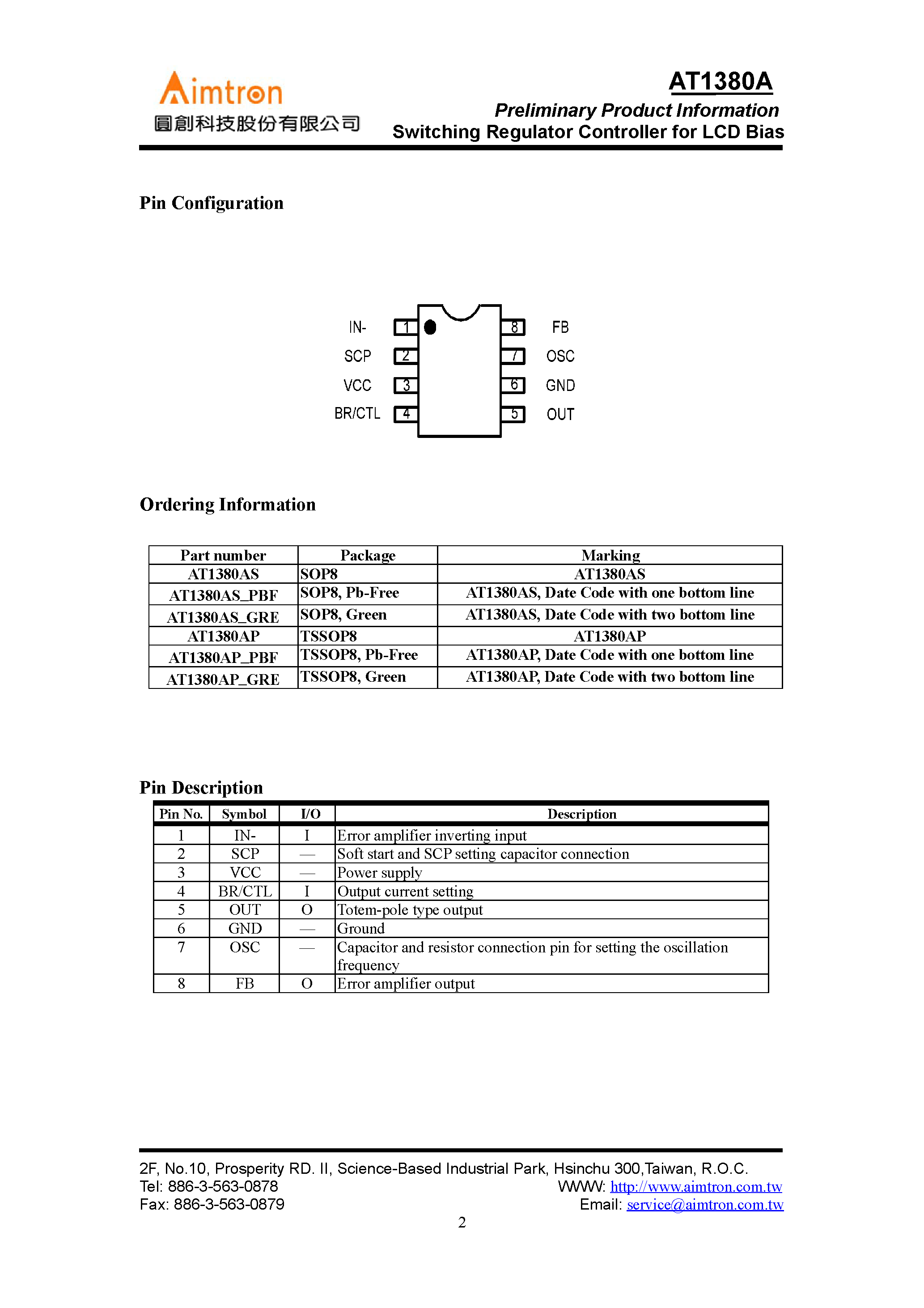 Даташит AT1380AP - Switching Regulator Controller for LCD Bias страница 2