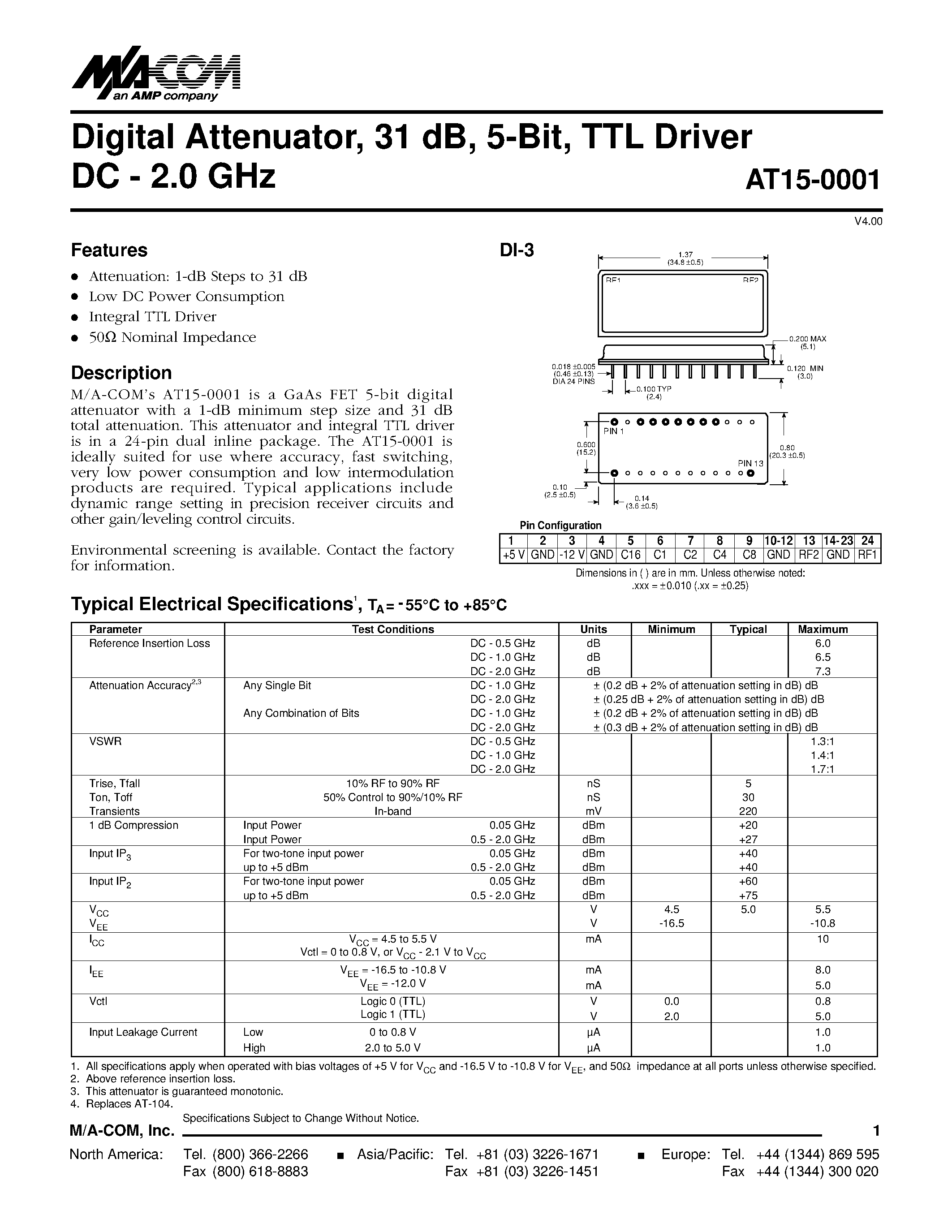 Datasheet AT15-0001 - Digital Attenuator/ 31 dB/ 5-Bit/ TTL Driver DC - 2.0 GHz page 1