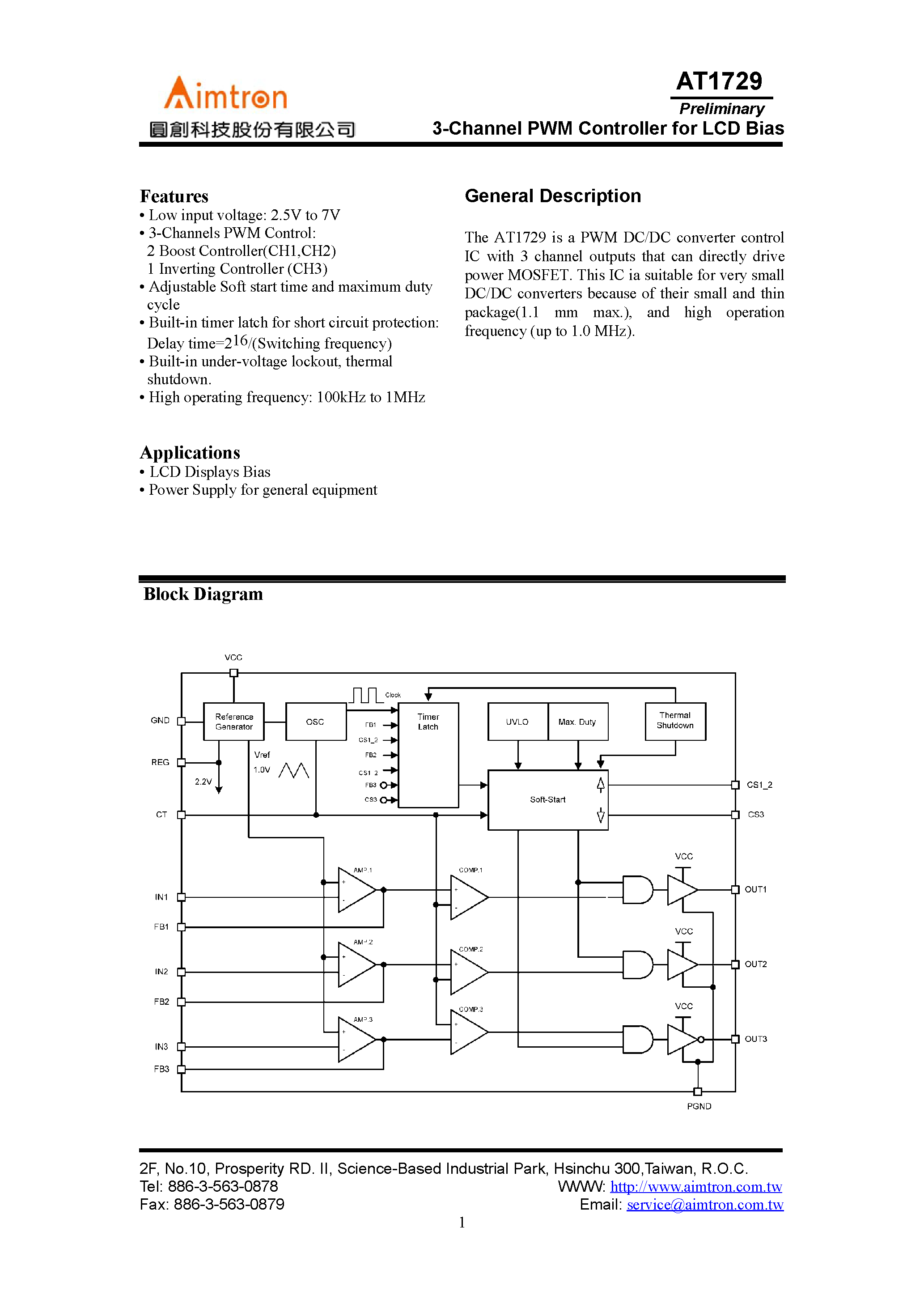 Datasheet AT1729 page 1 Datasheet AT1729 - 3-Channel PWM Controller for LCD Bias page 1