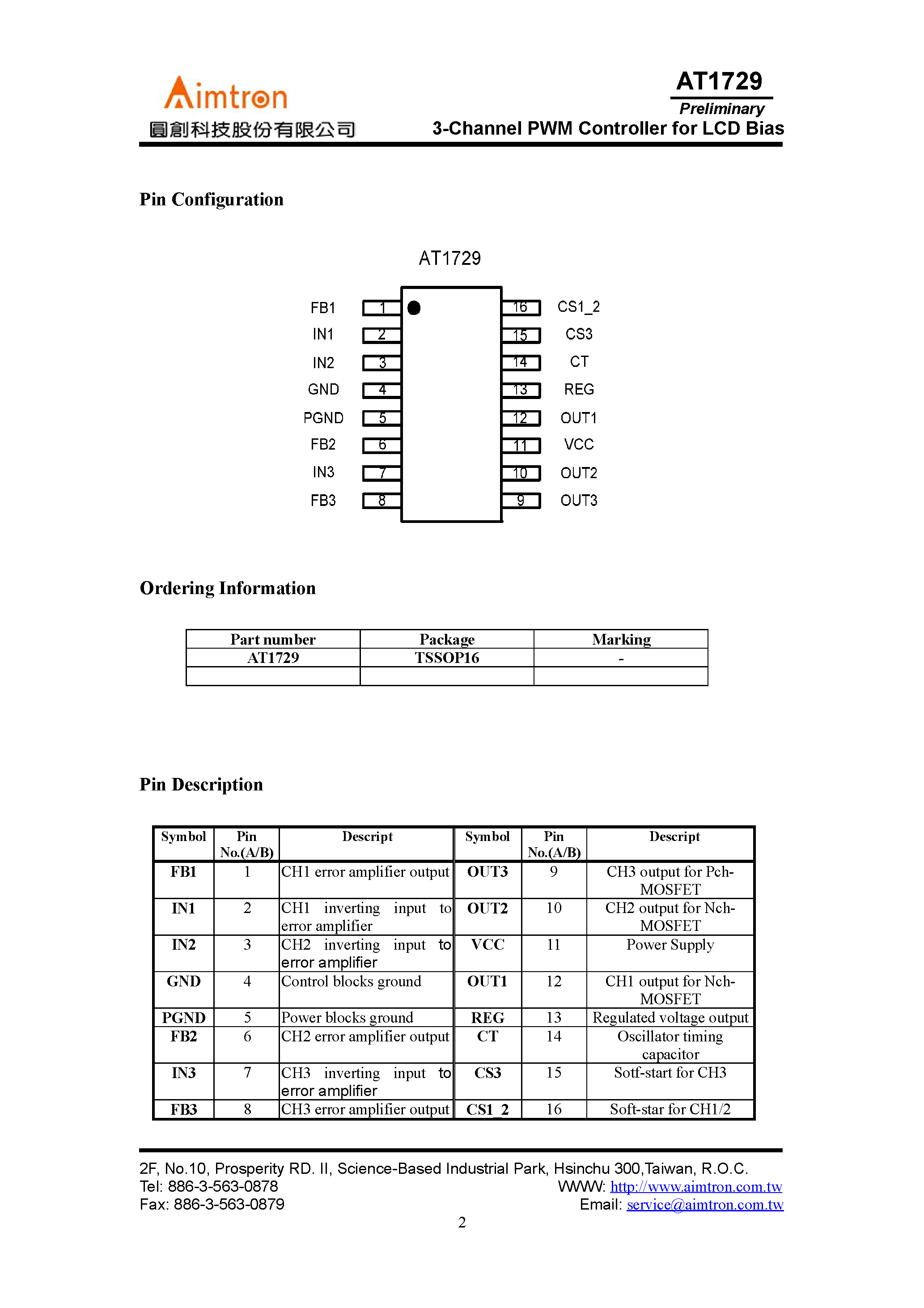 Datasheet AT1729 page 2 Datasheet AT1729 - 3-Channel PWM Controller for LCD Bias page 2