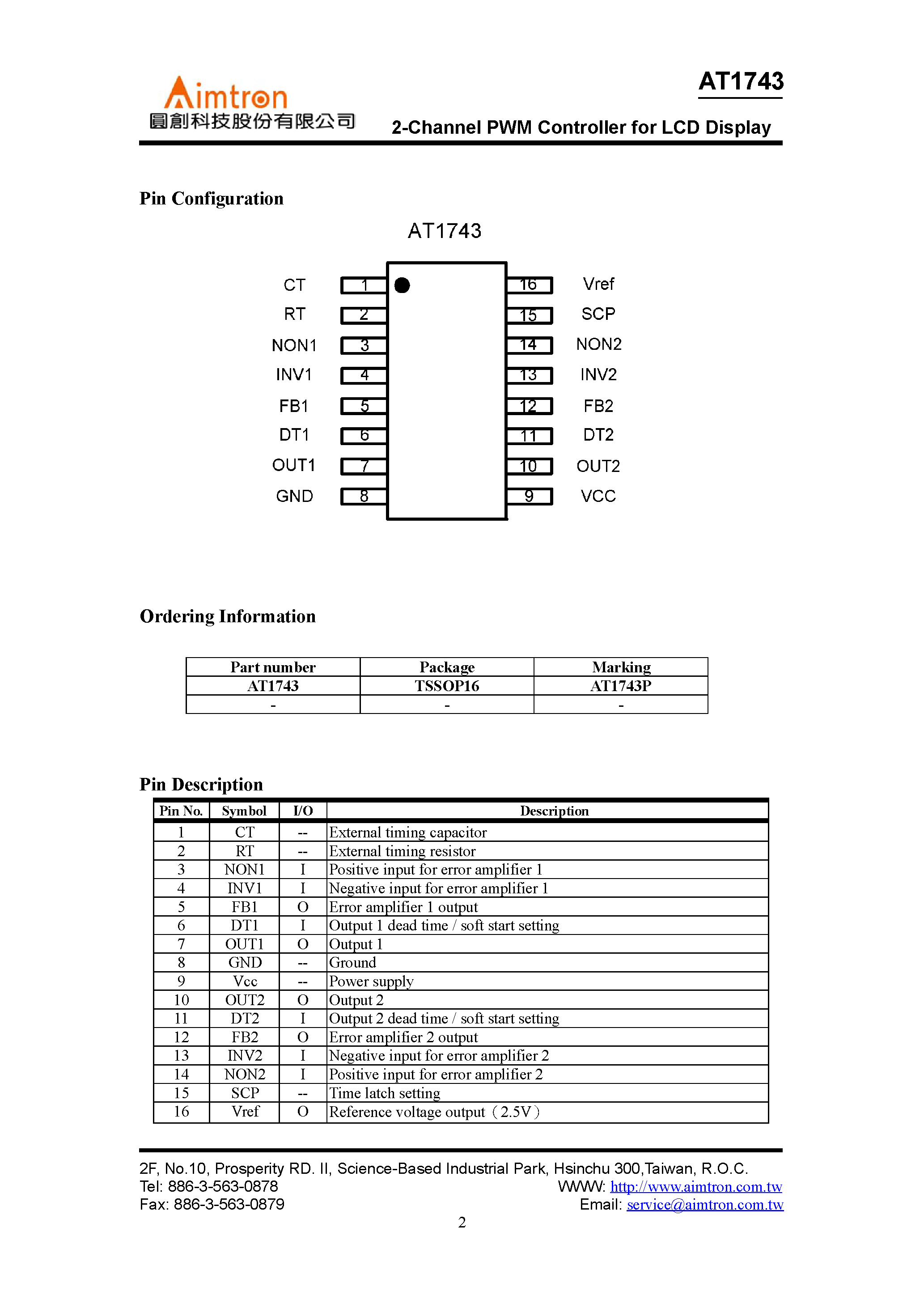 Даташит на микросхему AT1743 страница 2 Даташит AT1743 - 2-Channel PWM Controller for LCD Display страница 2