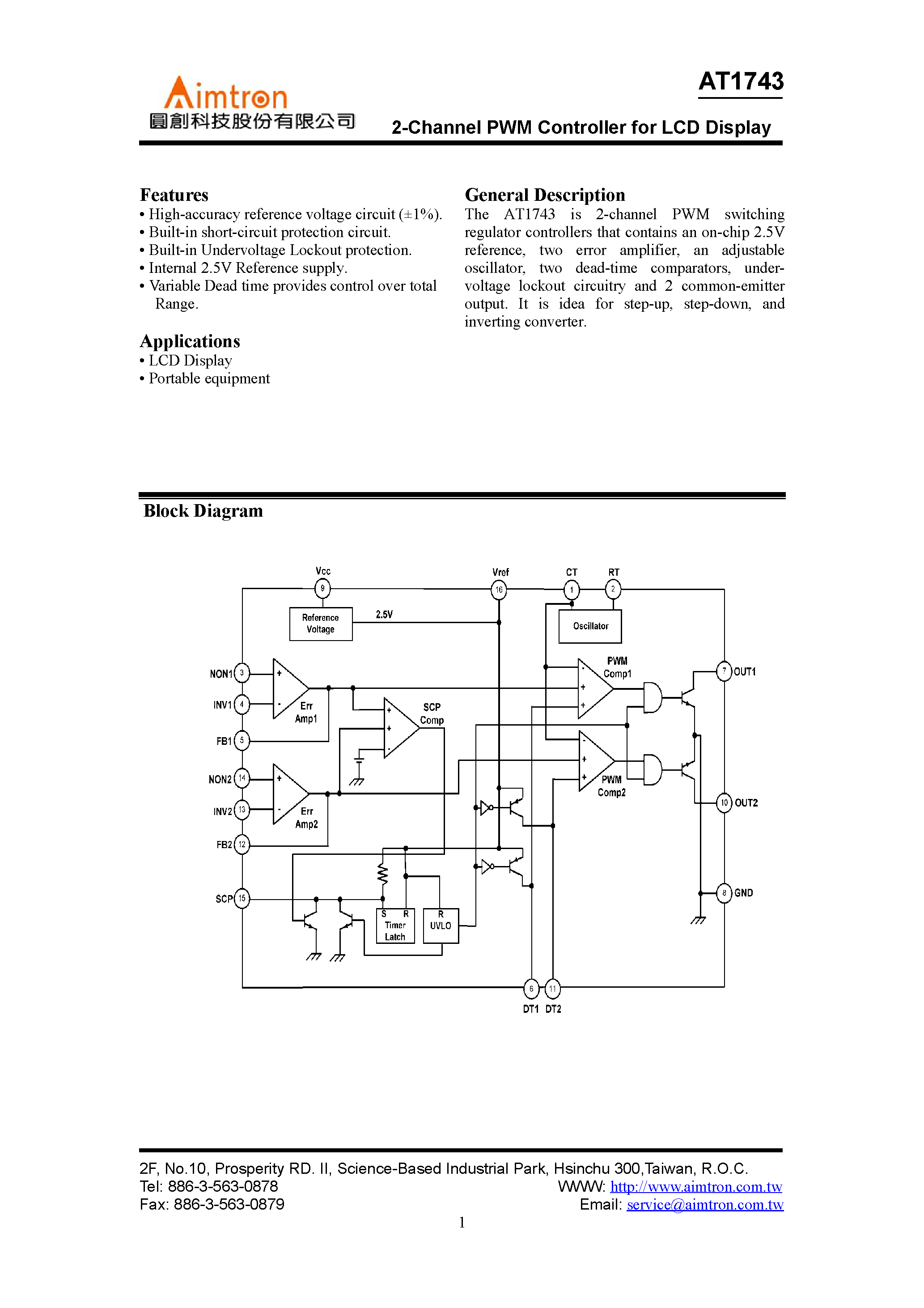 Даташит на микросхему AT1743P страница 1 Даташит AT1743P - 2-Channel PWM Controller for LCD Display страница 1