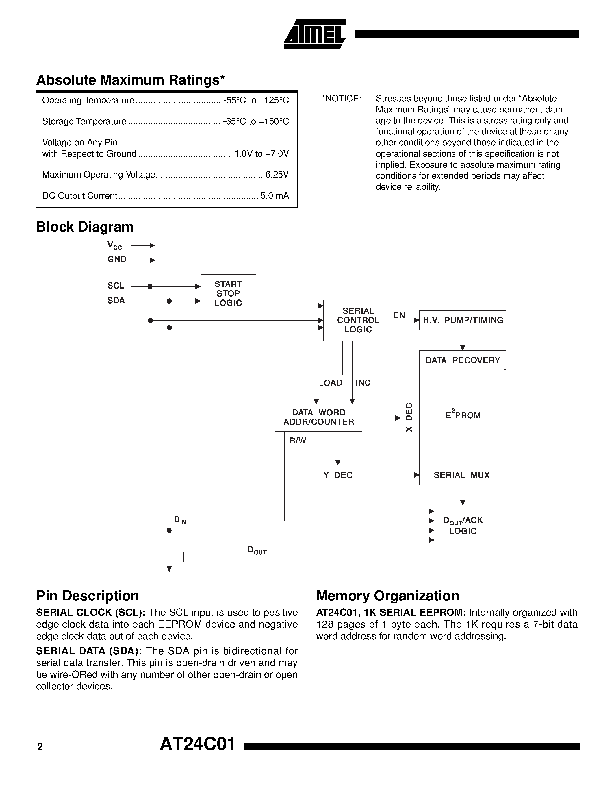 Даташит AT24C01-10MC-2.7 - 2-Wire Serial EEPROM страница 2