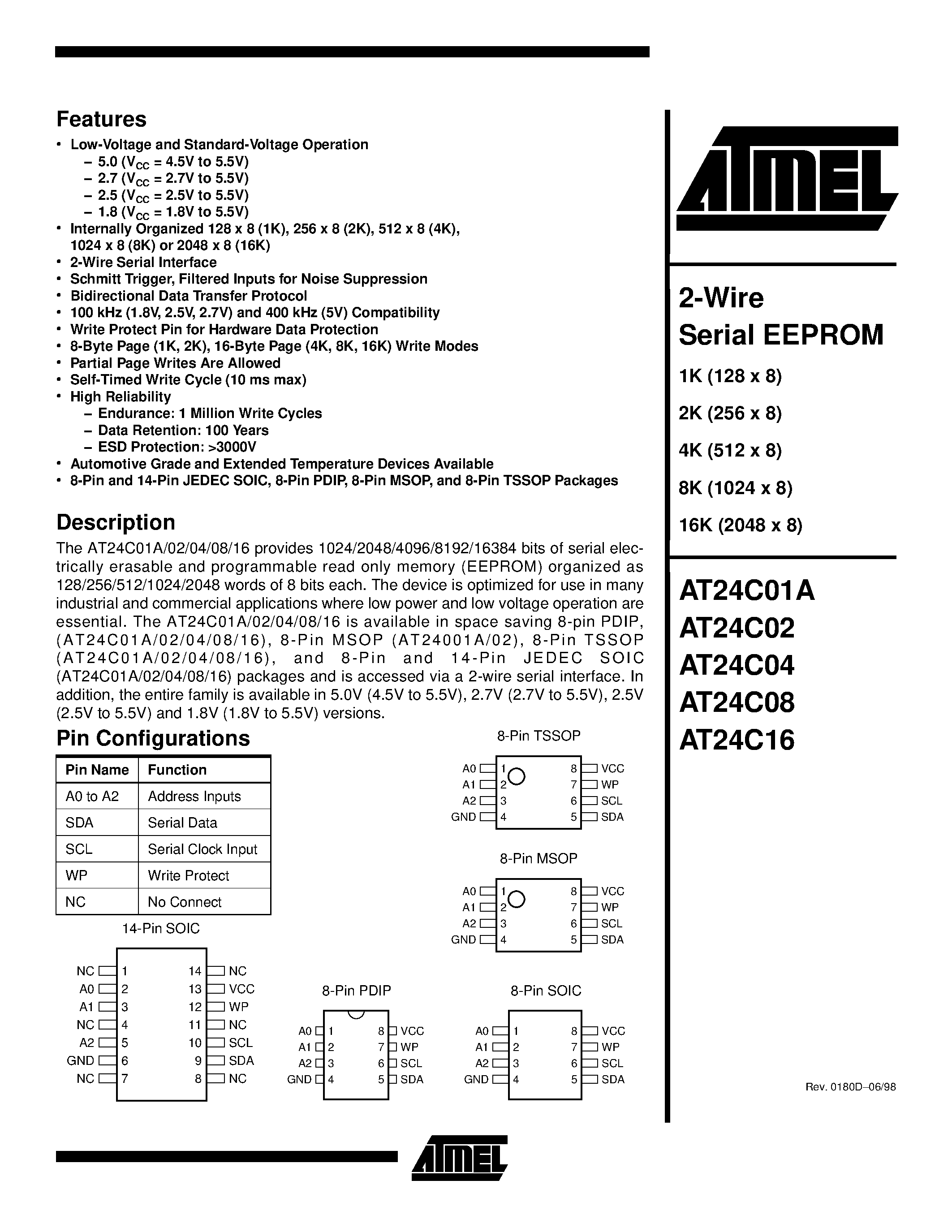 Datasheet AT24C02 - 2-Wire Serial EEPROM page 1