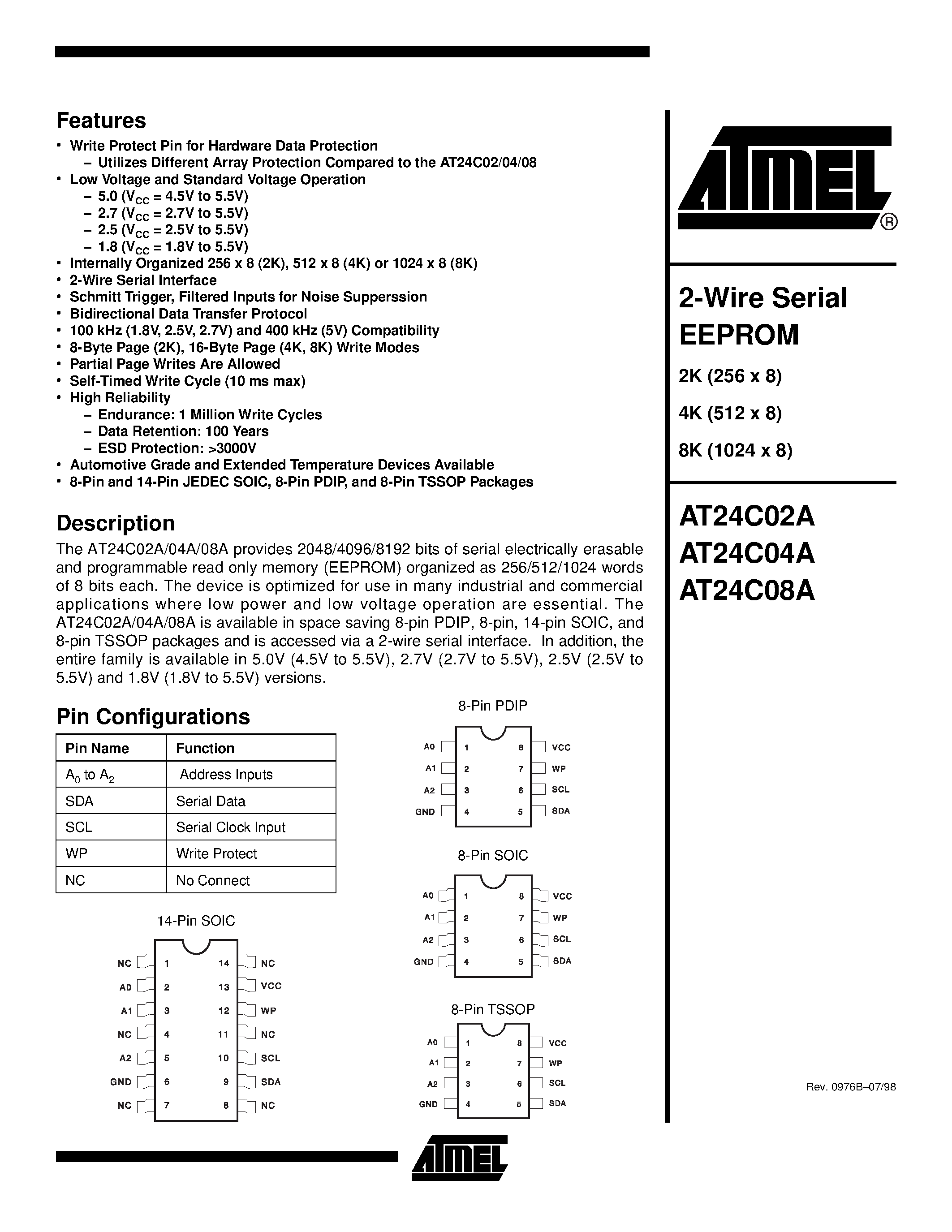 Datasheet AT24C02A-10PI - 2-Wire Serial EEPROM page 1