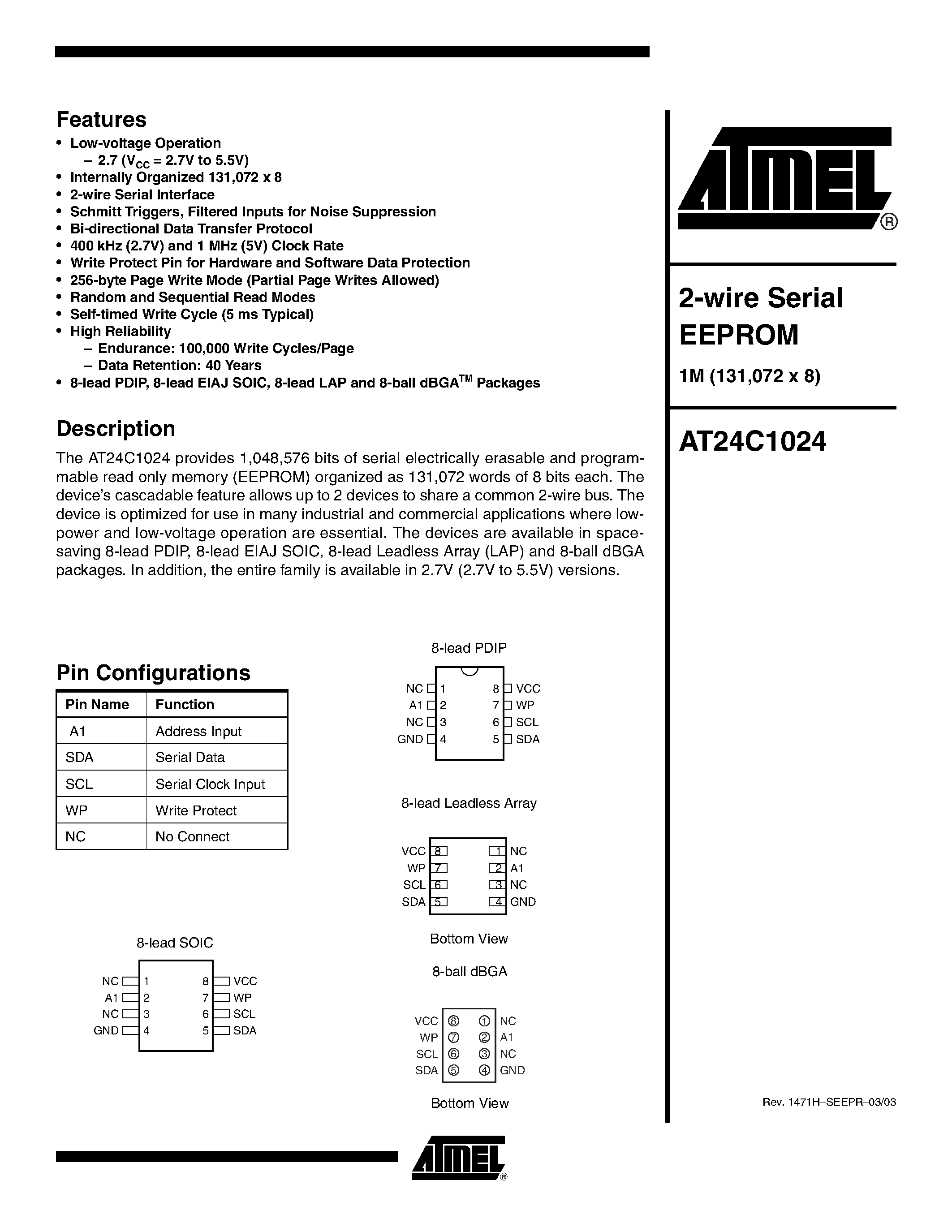 Datasheet AT24C1024 - 2-wire Serial EEPROM 1M (131/072 x 8) page 1