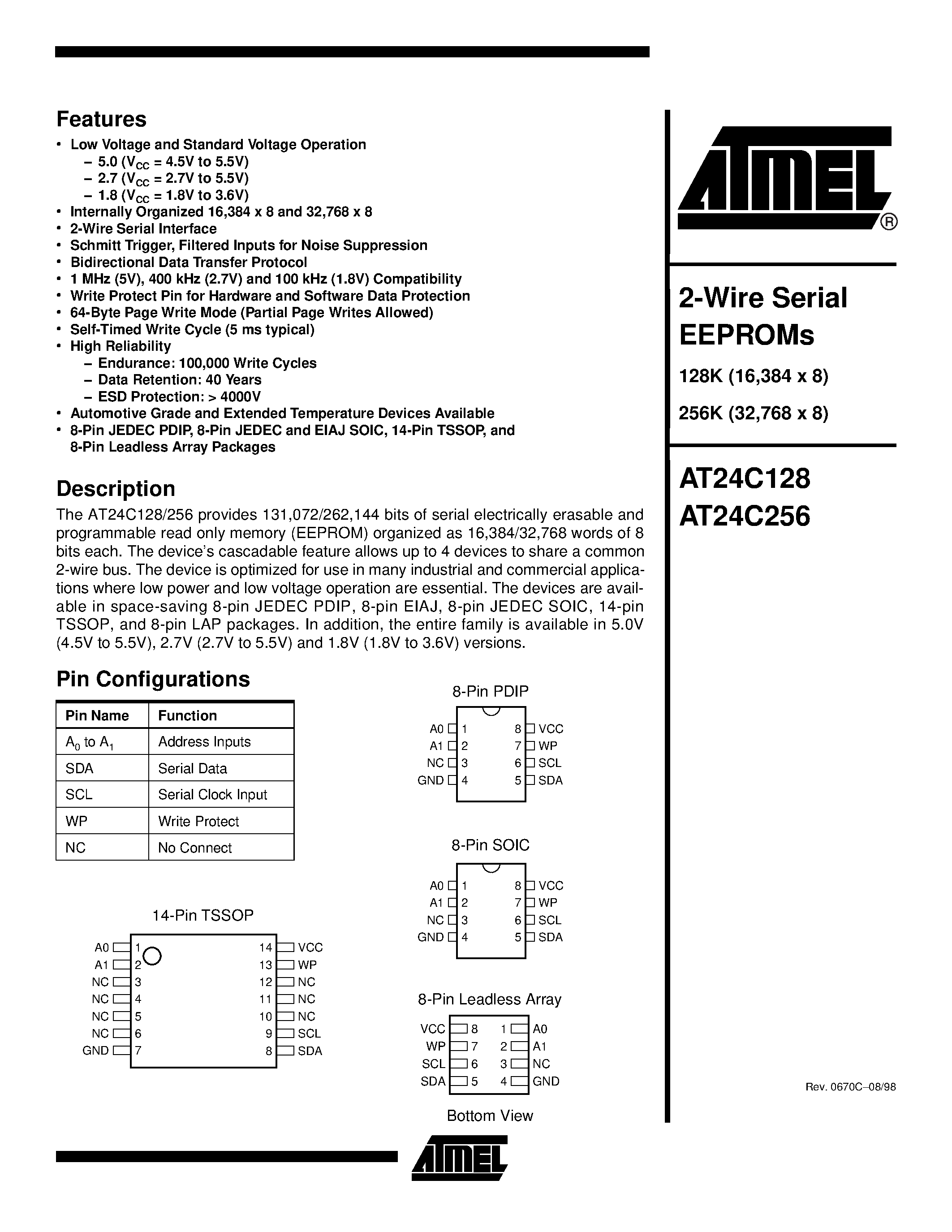 Datasheet AT24C128-10PI - 2-Wire Serial EEPROMs page 1