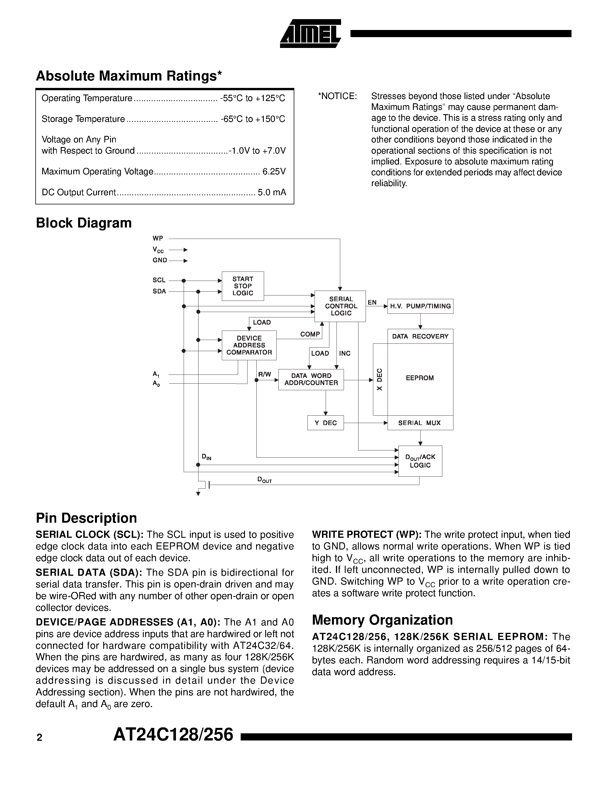 Datasheet AT24C128W-10SC - 2-Wire Serial EEPROMs page 2