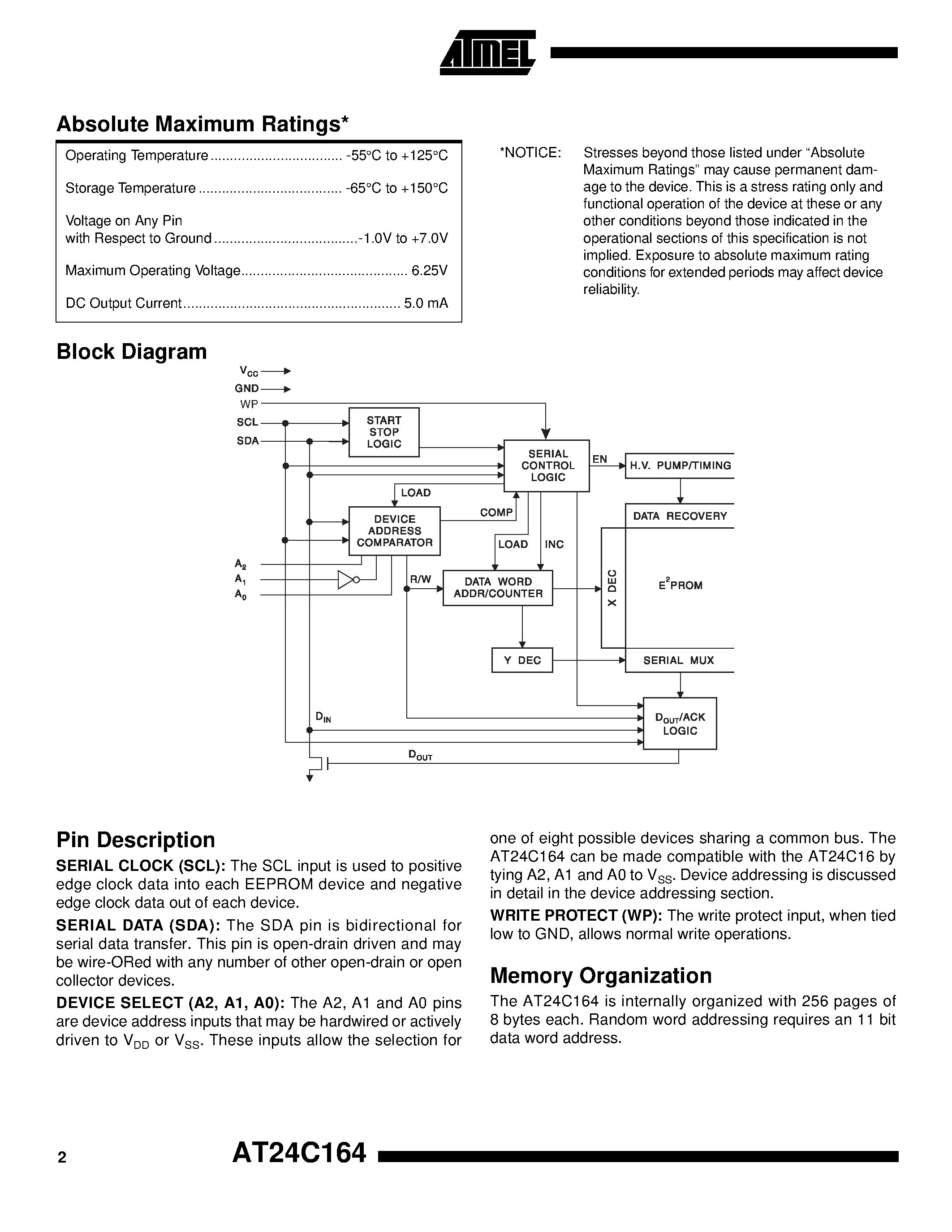 Datasheet AT24C164-10SC - 2-Wire Serial EEPROM page 2