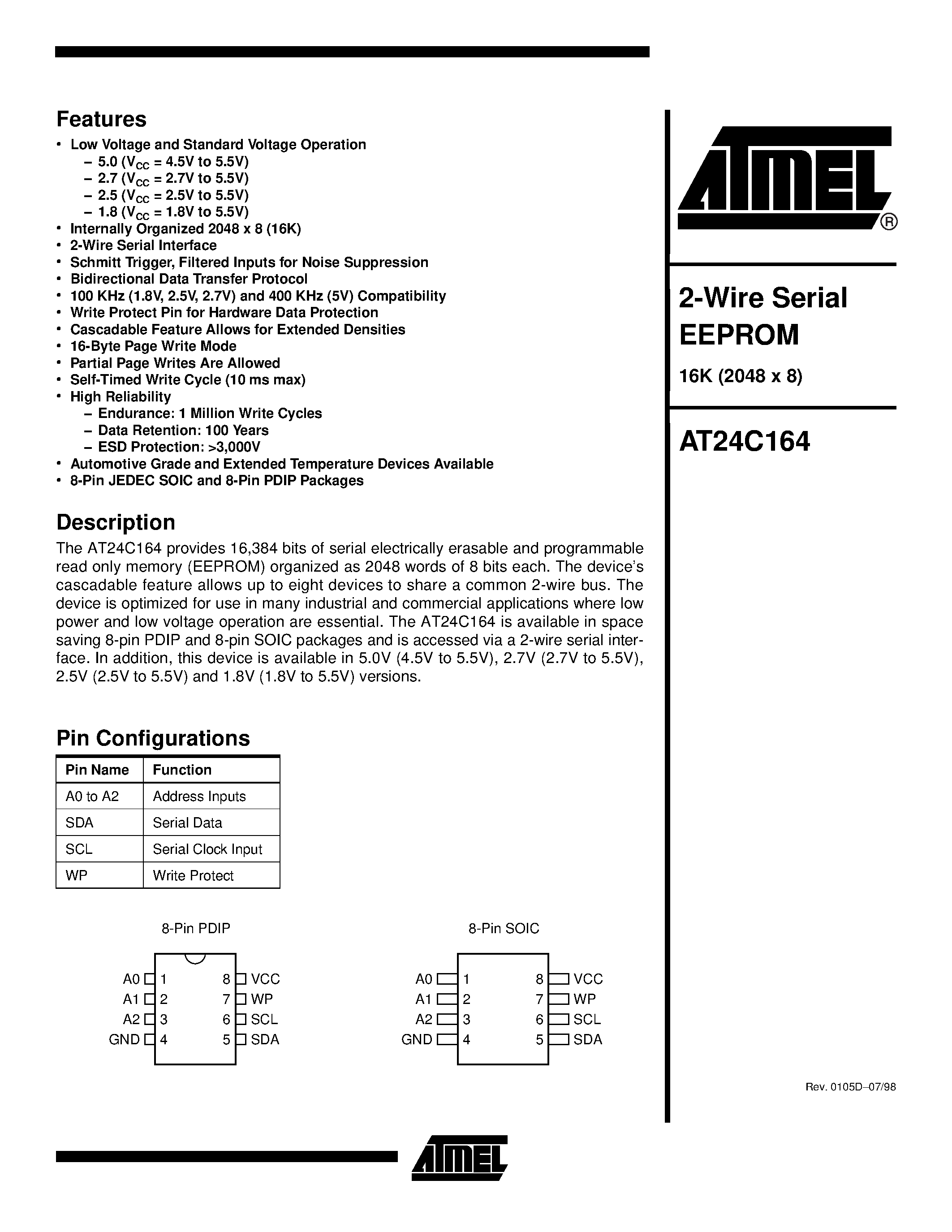 Datasheet AT24C164-10SI - 2-Wire Serial EEPROM page 1