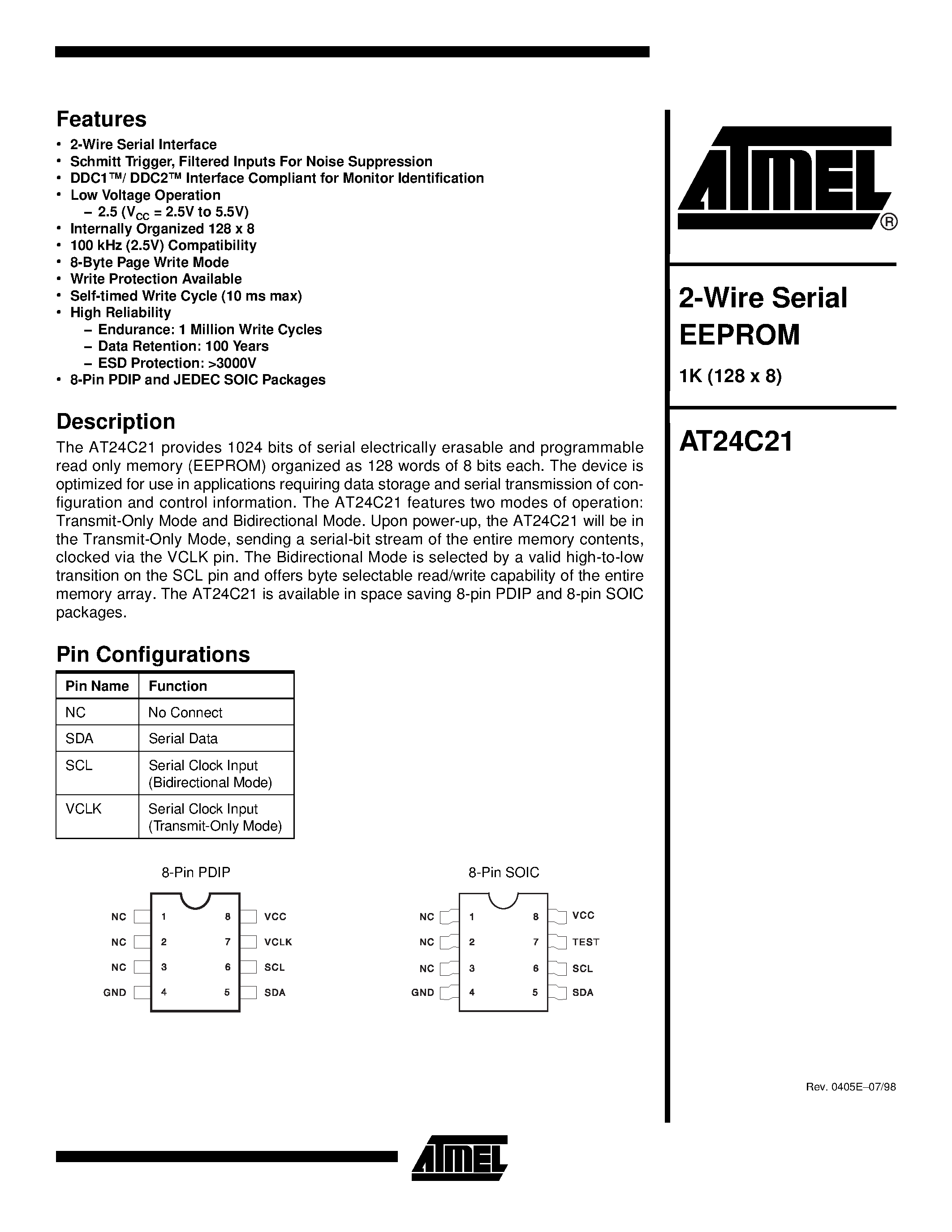 Datasheet AT24C21 - 2-Wire Serial EEPROM page 1