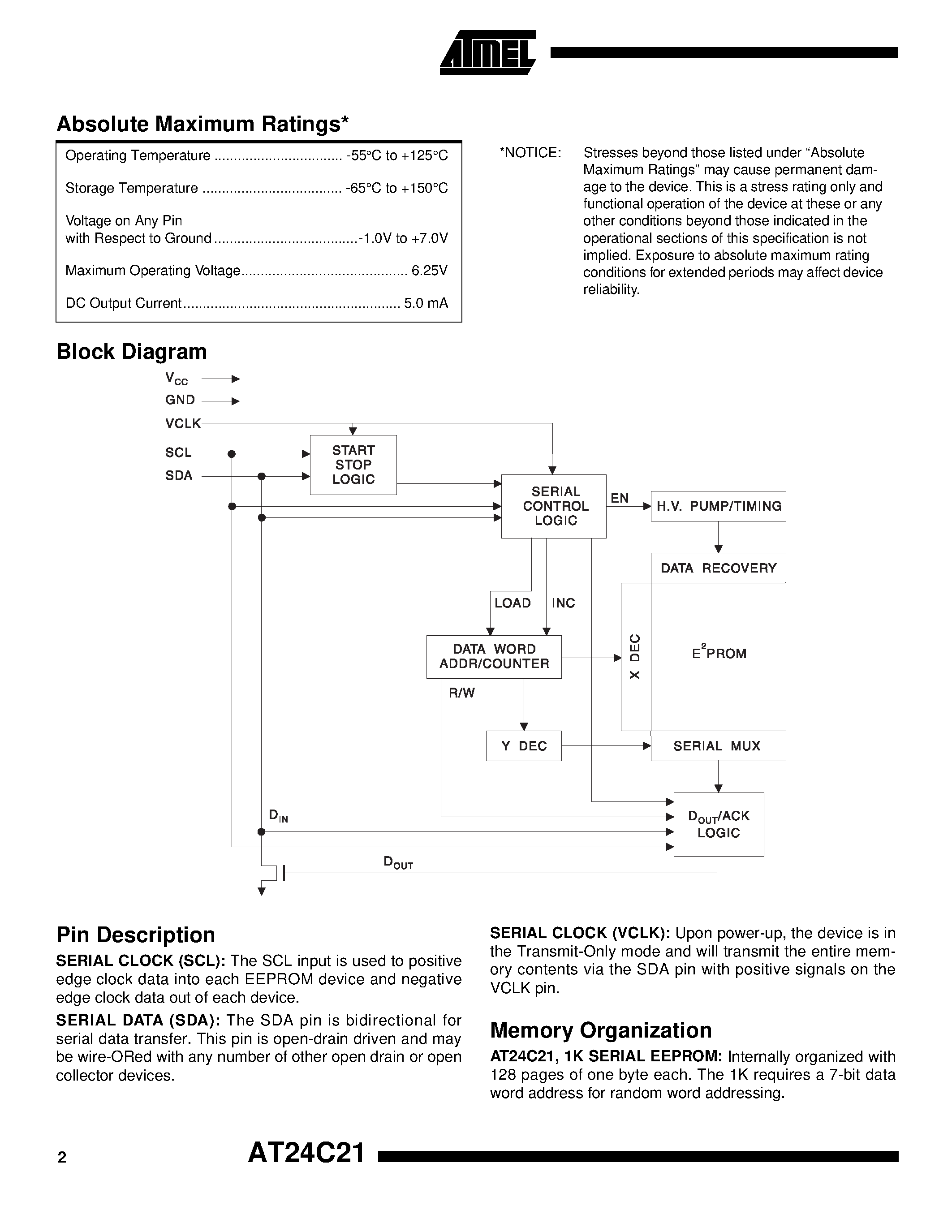 Datasheet AT24C21-10PC-2.5 page 2 Datasheet AT24C21-10PC-2.5 - 2-Wire Serial EEPROM page 2