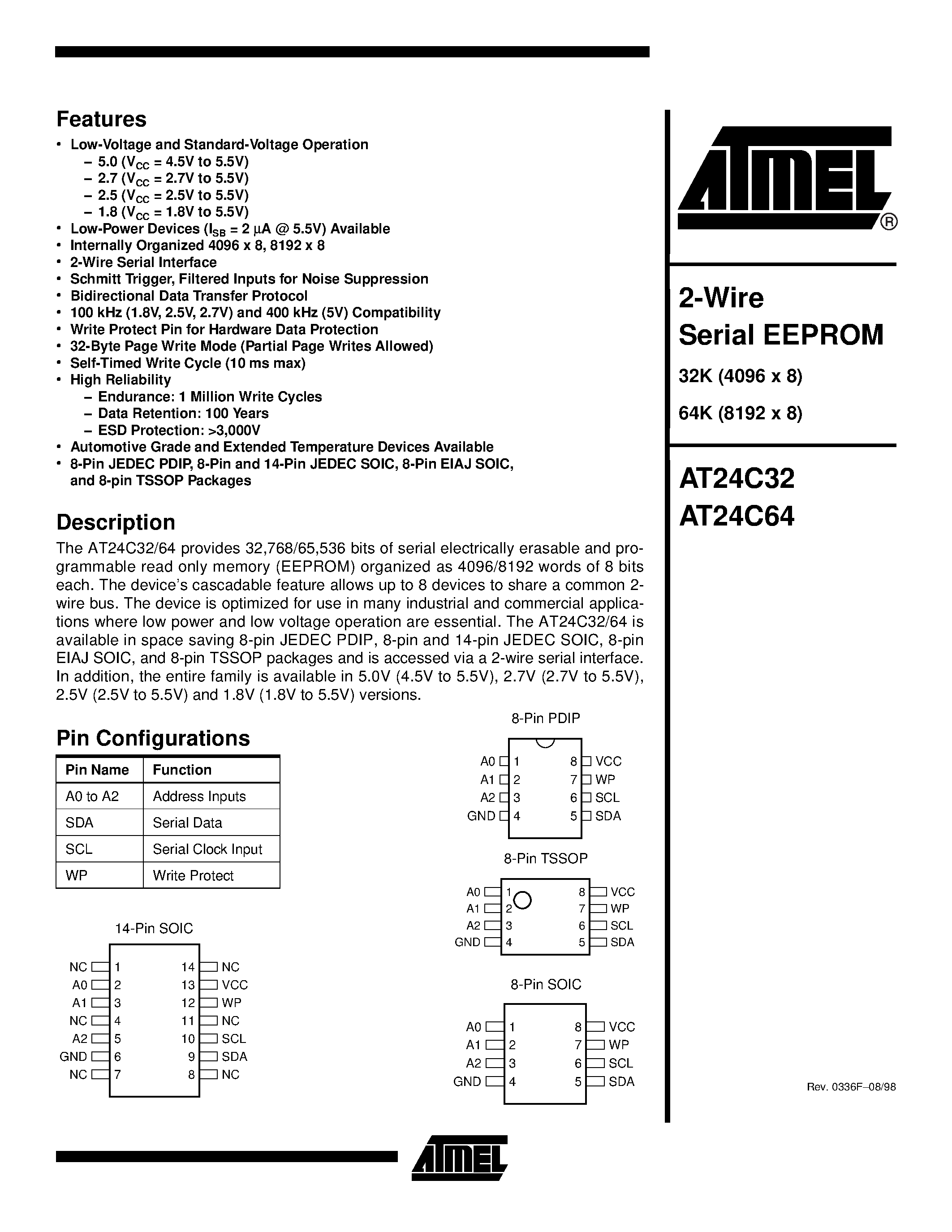 Даташит AT24C32W-10SI - 2-Wire Serial EEPROM страница 1