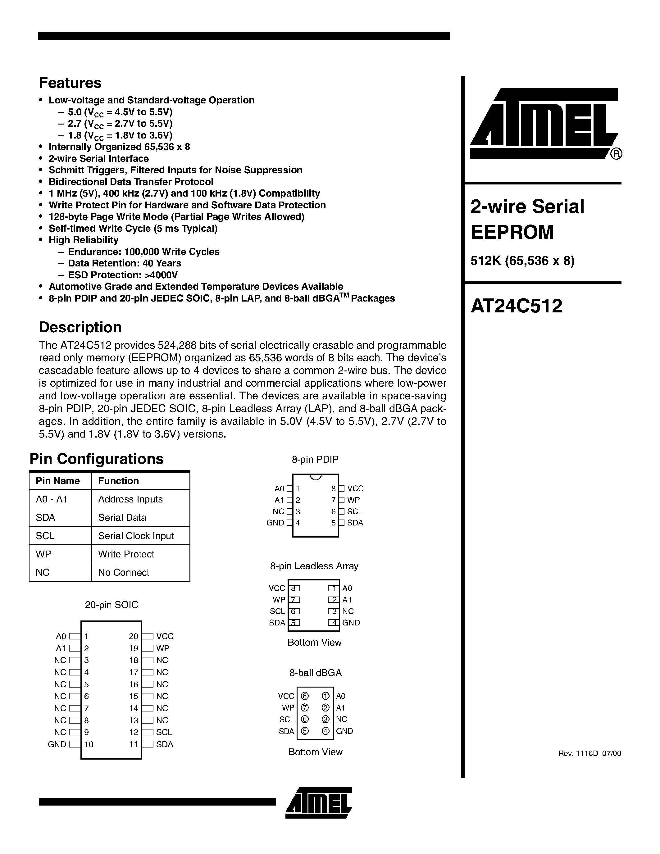 Datasheet AT24C512-10PI - 2-wire Serial EEPROM page 1