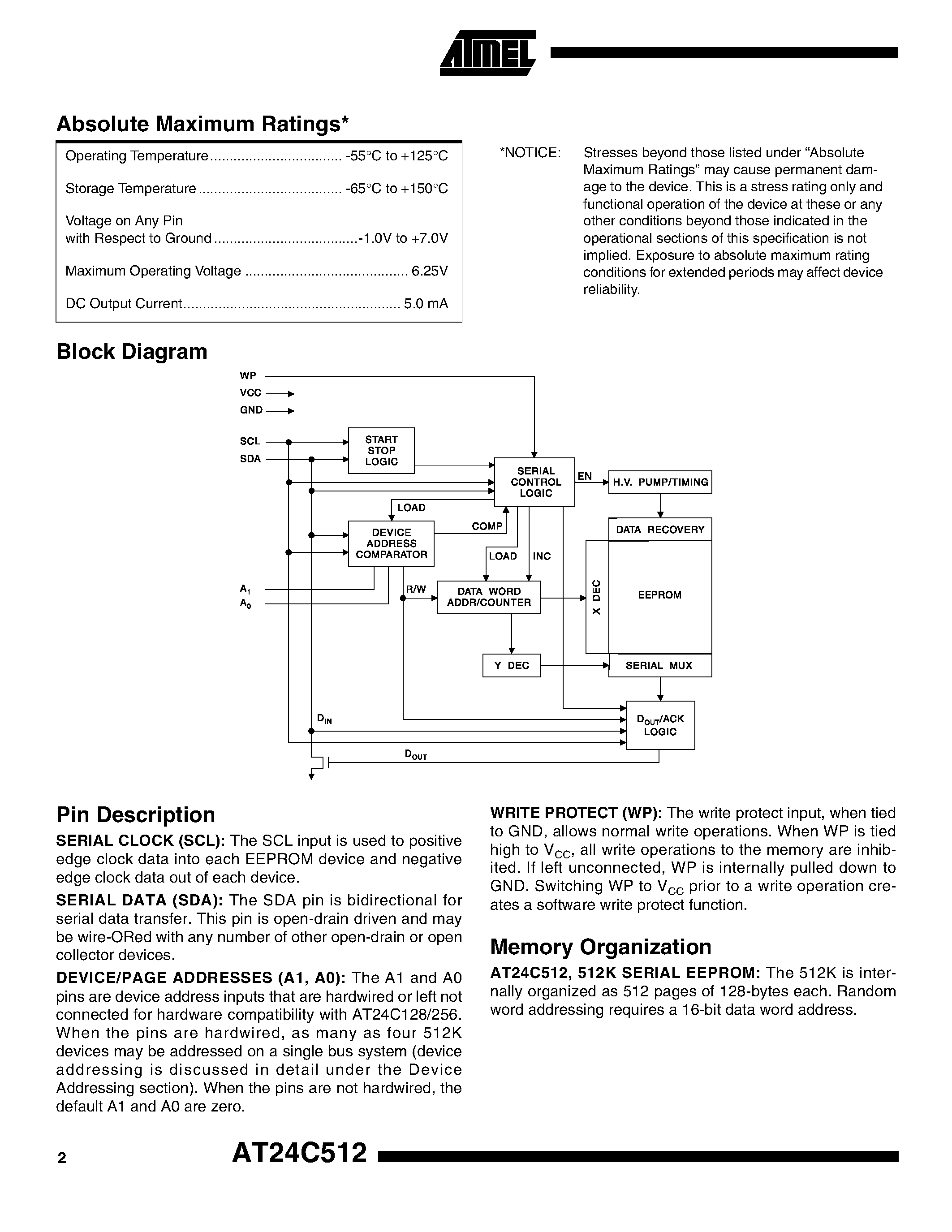 Datasheet AT24C512W1-10SC - 2-wire Serial EEPROM page 2