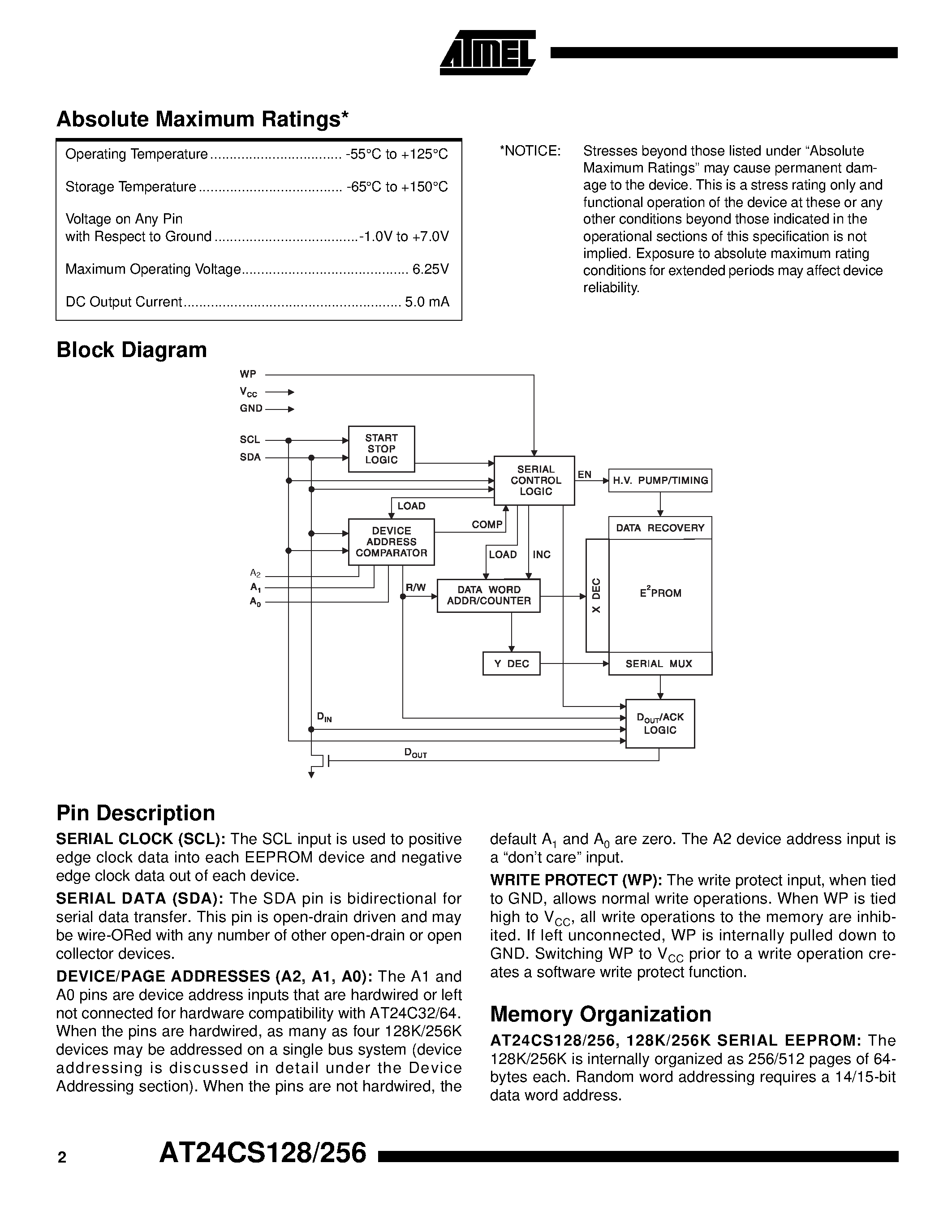 Datasheet AT24CS256-10PI-1.8 - 2-Wire Serial EEPROMs with Permanent Software Write Protect page 2
