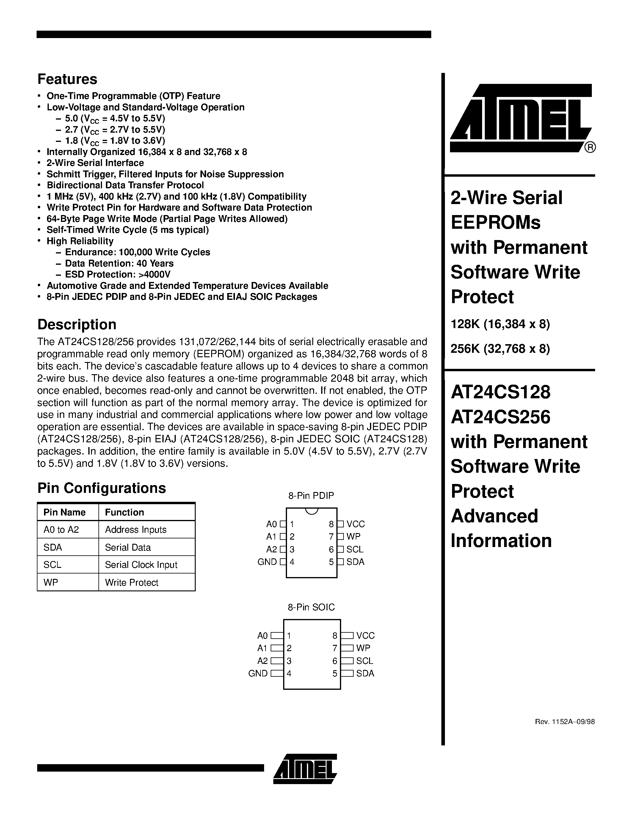 Datasheet AT24CS256W-10SI - 2-Wire Serial EEPROMs with Permanent Software Write Protect page 1